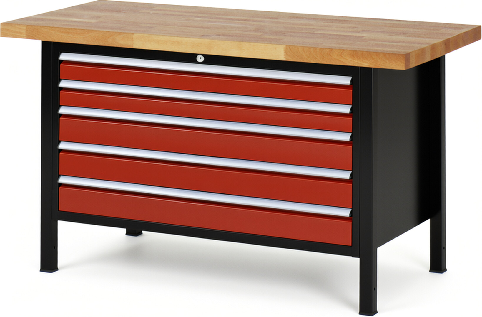 RAU Werkbank schwarz - rot - Breite 150 cm - Tiefe 70 cm - Höhe 104 cm - Buche-Massiv Arbeitsplatte 40 mm