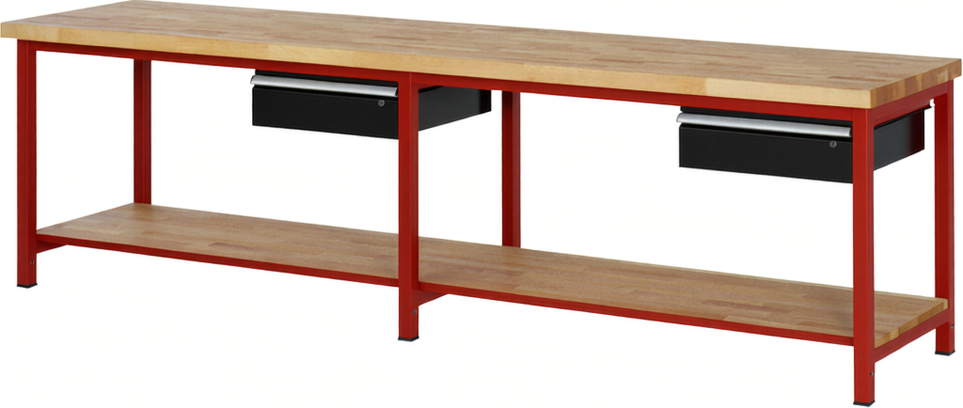 Werkbank Modell 8001 rot - schwarz, BxTxH 3000x700x840 mm,  Buche-Massiv Arbeitsplatte 40 mm,  2 Schubladen mit  Auszug 90 %