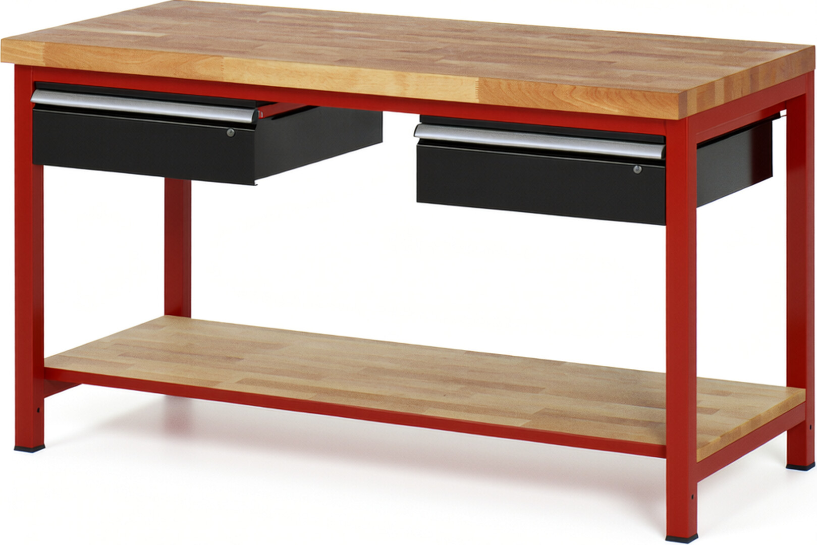 RAU Werkbank rot - schwarz - Breite 150 cm - Tiefe 70 cm - Höhe 104 cm - Buche-Massiv Arbeitsplatte 40 mm