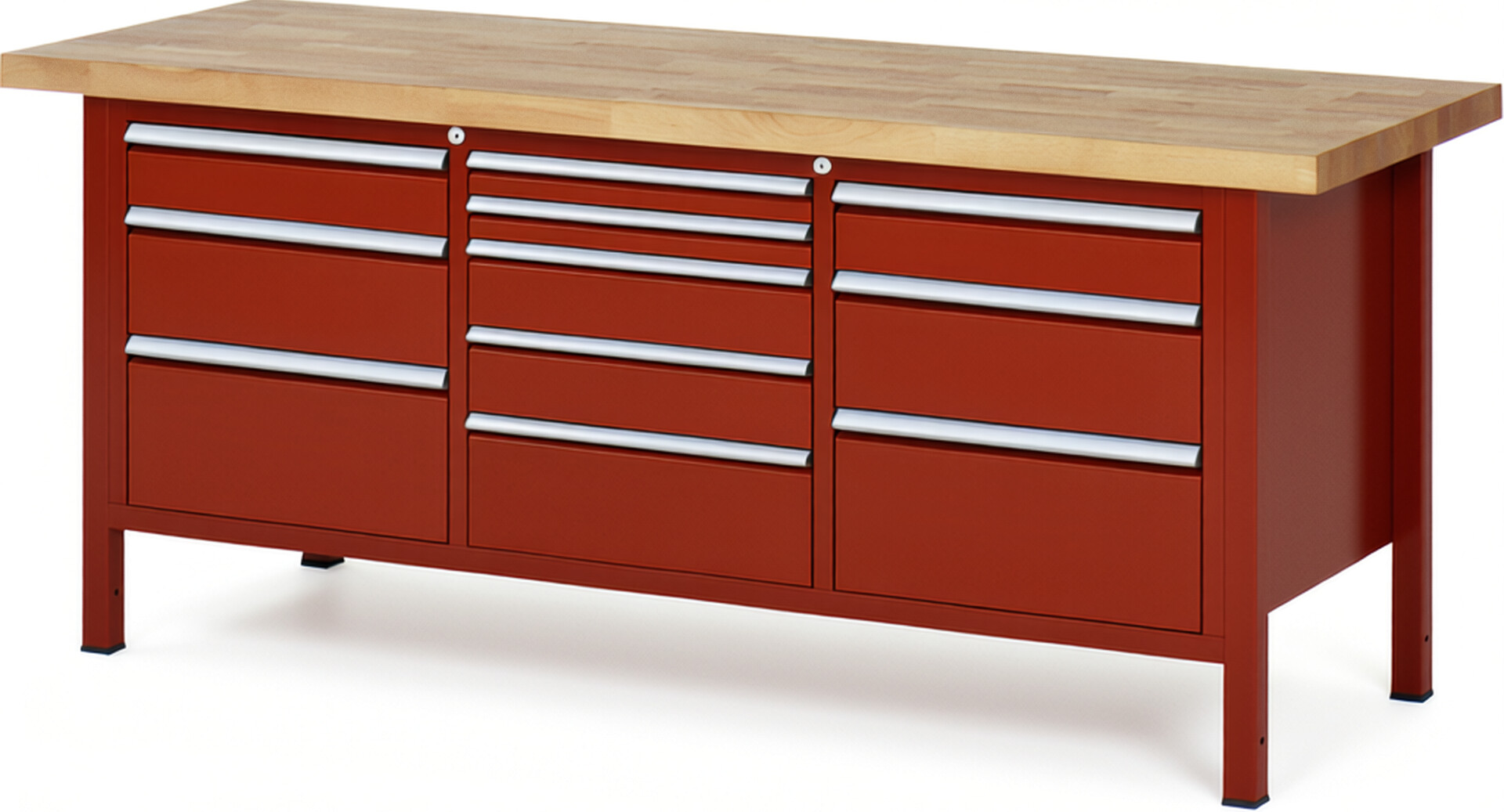 Werkbank Modell 8578 rot, BxTxH 2000x700x840 mm,  Buche-Massiv Arbeitsplatte 40 mm,  11 Schubladen mit  Vollauszug 100 % und  SoftClosing