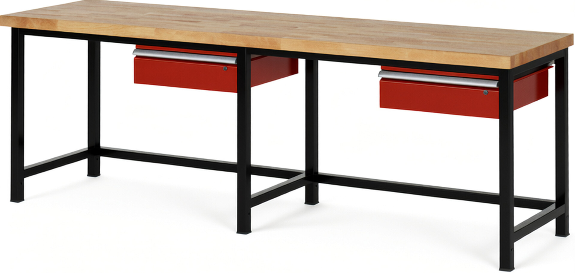 RAU Werkbank schwarz - rot - Breite 250 cm - Tiefe 70 cm - Höhe 104 cm - Buche-Massiv Arbeitsplatte 40 mm