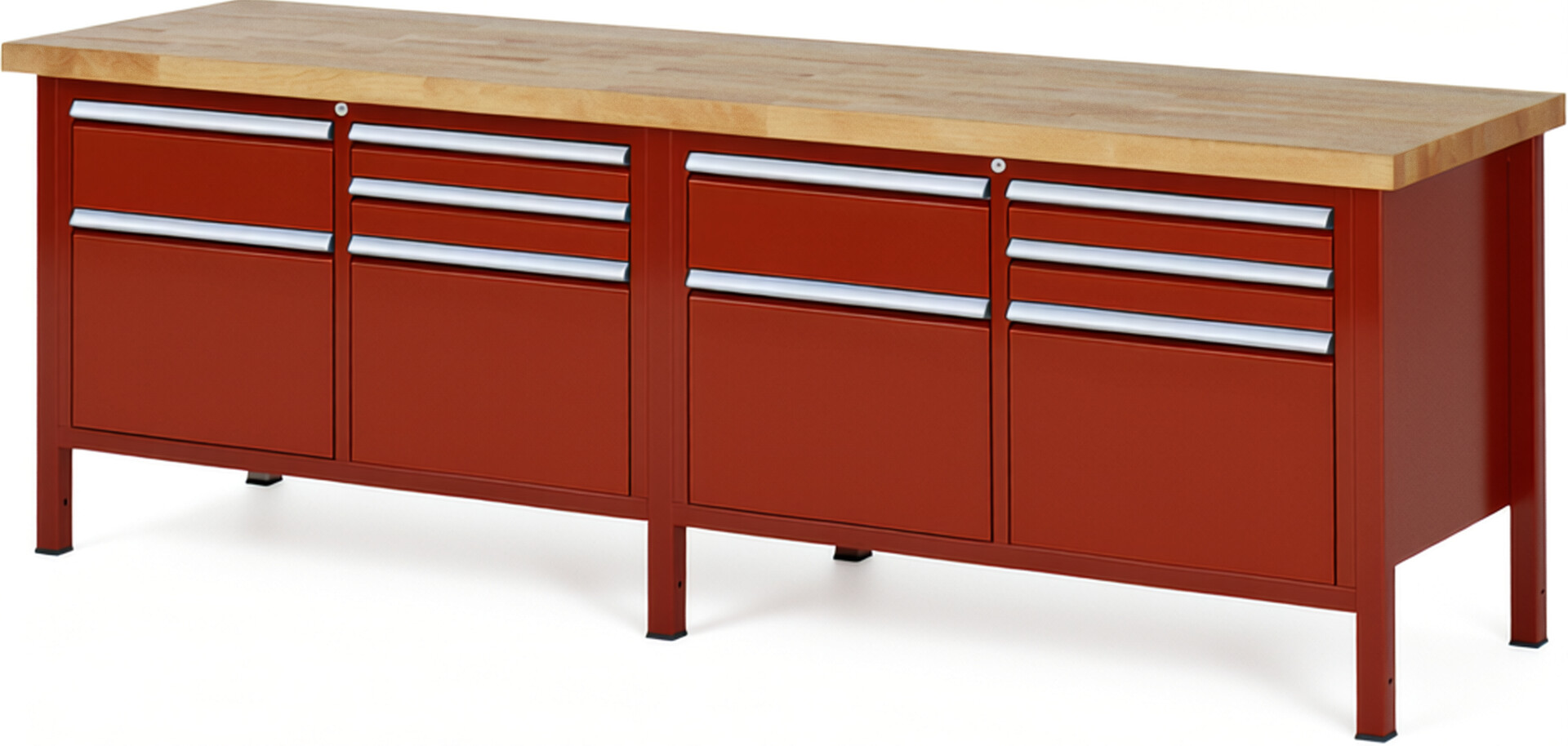 Werkbank Modell 8472 rot, BxTxH 2500x700x840-1040 mm,  Buche-Massiv Arbeitsplatte 40 mm,  10 Schubladen mit  Vollauszug 100 % und  SoftClosing