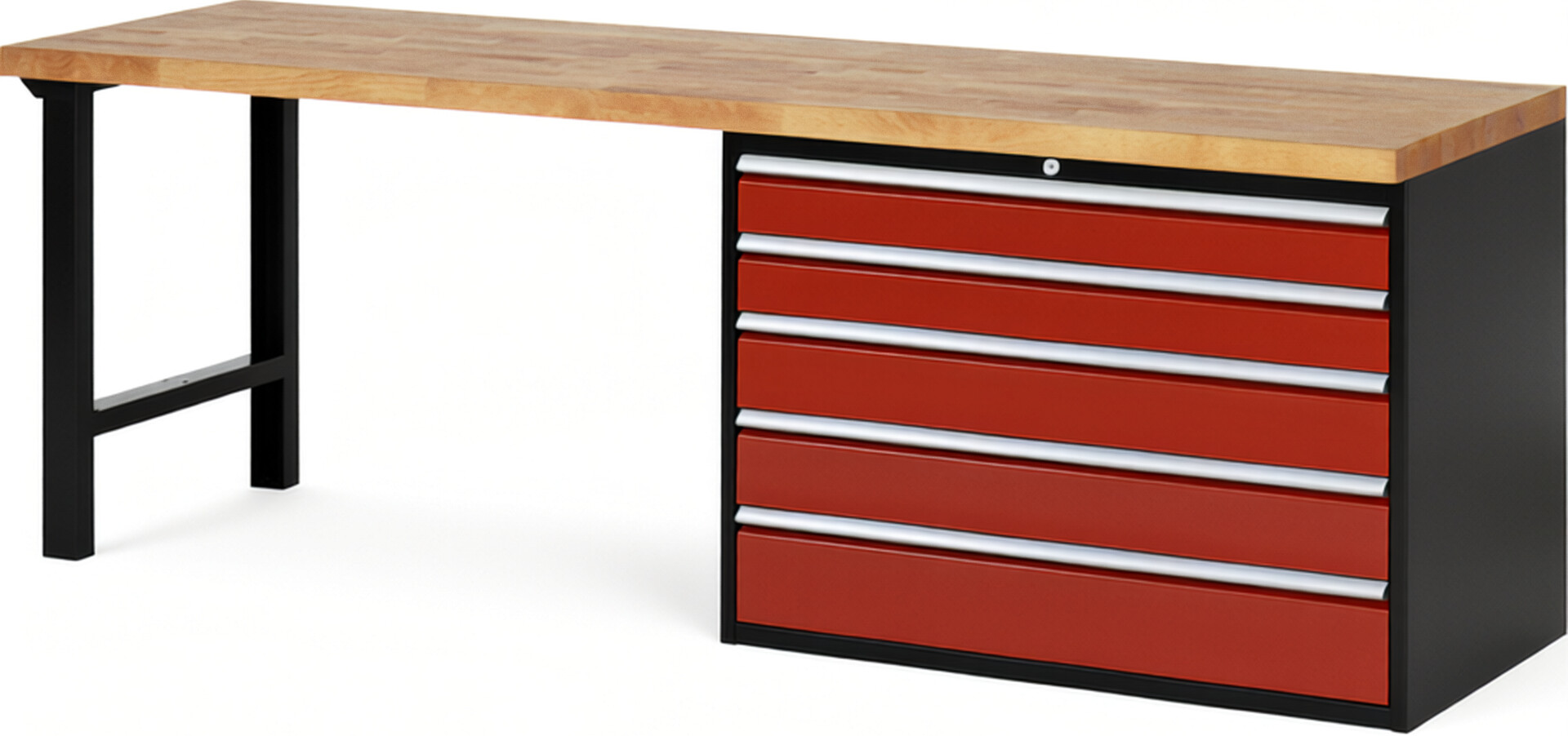 RAU Werkbank schwarz - rot - Breite 250 cm - Tiefe 70 cm - Höhe 89 cm - Buche-Massiv Arbeitsplatte 40 mm