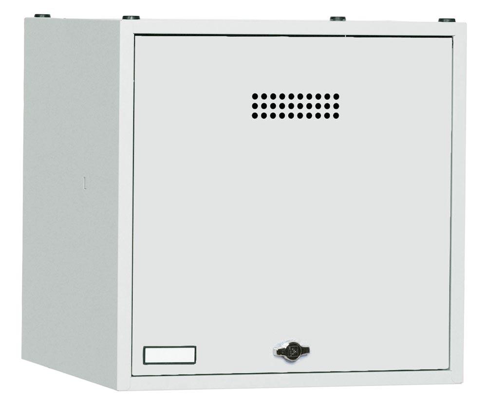 Schließfachwürfel, BxTxH 500x500x500 mm, Tür glatt, Lochrosetten und Etikettenrahmen, Fachboden, Drehriegel, RAL 7035