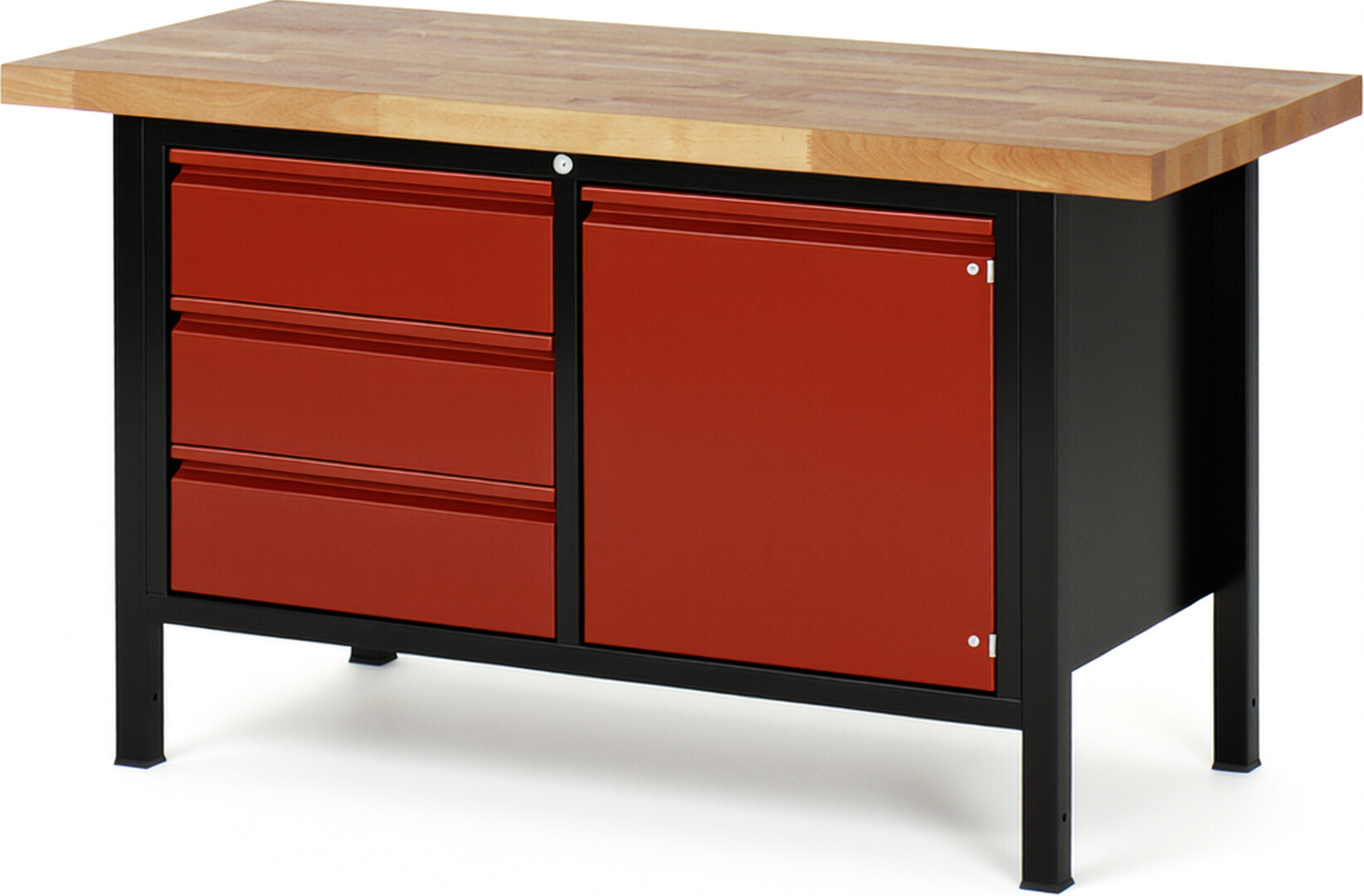 Werkbank schwarz - rot, Breite 150 cm, Tiefe 70 cm, Höhe 84 cm, 3 Schublade(n), Platte: Buche-Massiv-Arbeitsplatte