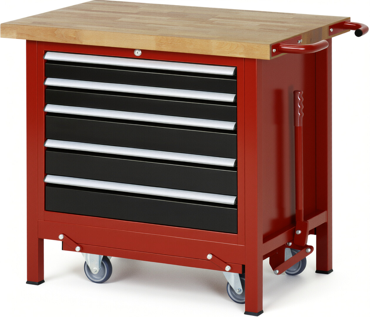 Absenkbare Werkbank Modell 8271 rot - schwarz, BxTxH 1000x700x880 mm,  Buche-Massiv Arbeitsplatte 40 mm,  5 Schubladen mit  Auszug 90 %