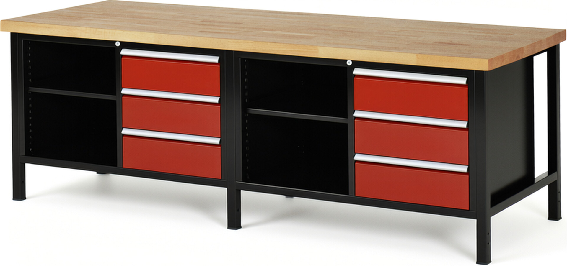 RAU Werkbank schwarz - rot - Breite 250 cm - Tiefe 90 cm - Höhe 104 cm - Buche-Massiv Arbeitsplatte 40 mm