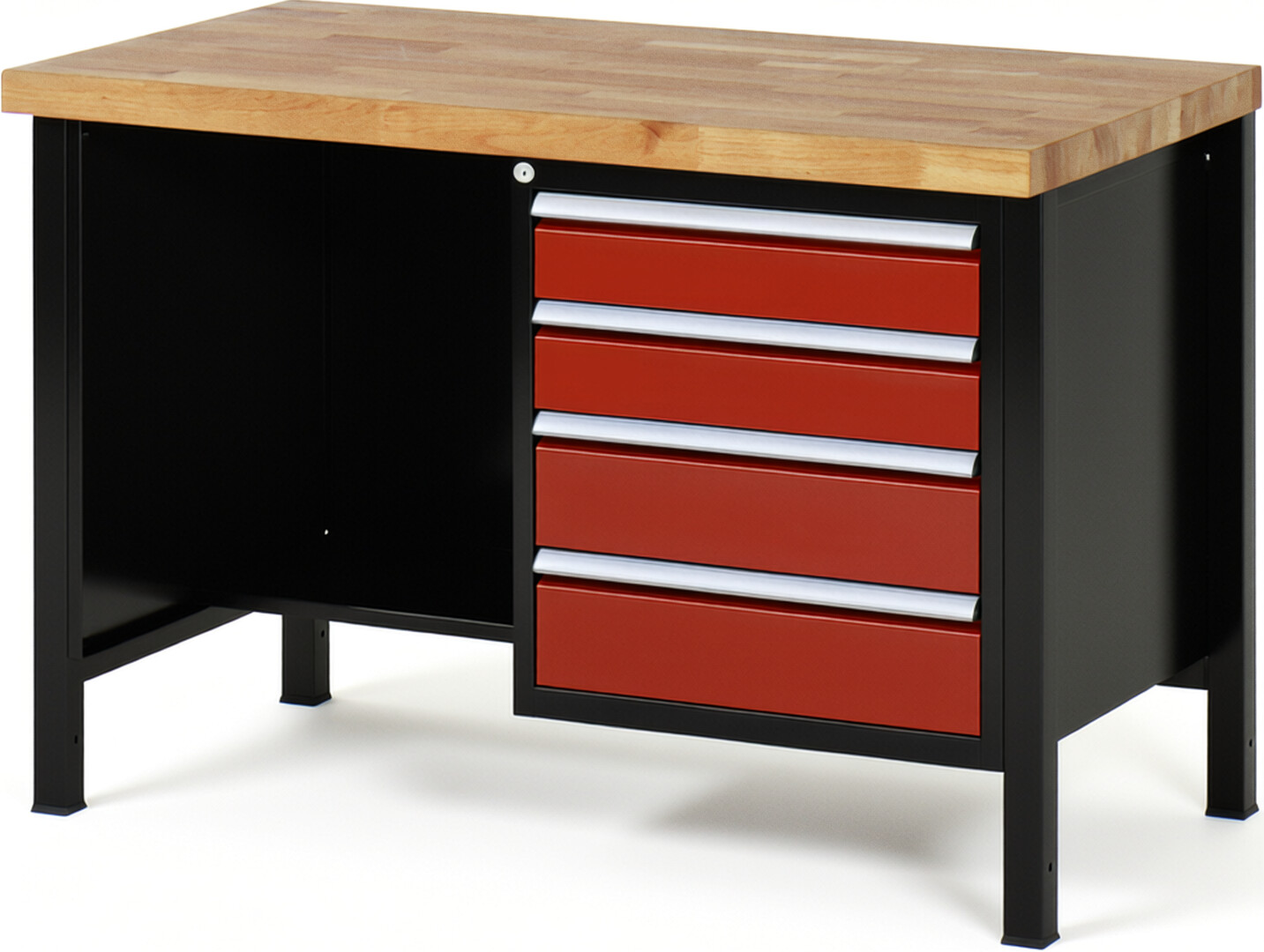 Werkbank Modell 8453 schwarz-rot, BxTxH 1250x700x840-1040 mm,  Buche-Massiv Arbeitsplatte 40 mm,  4 Schubladen mit  Auszug 90 %