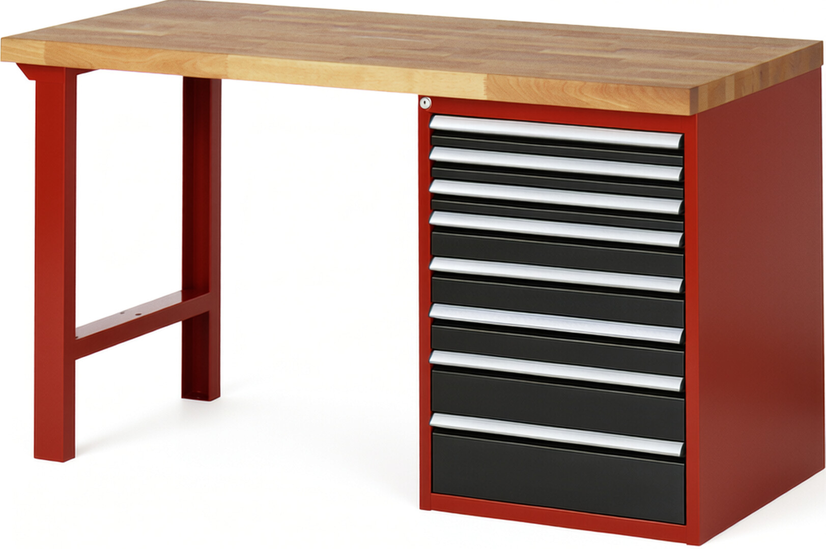 Werkbank Modell 7519 rot - schwarz, BxTxH 1500x700x840 mm,  Buche-Massiv Arbeitsplatte 40 mm,  8 Schubladen mit  Vollauszug 100 % und  SoftClosing