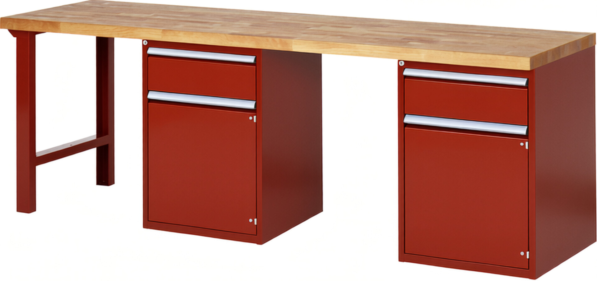 Werkbank Modell 7502 rot, BxTxH 2500x700x840 mm,  Buche-Massiv Arbeitsplatte 40 mm,  2 Schubladen mit  Auszug 90 %