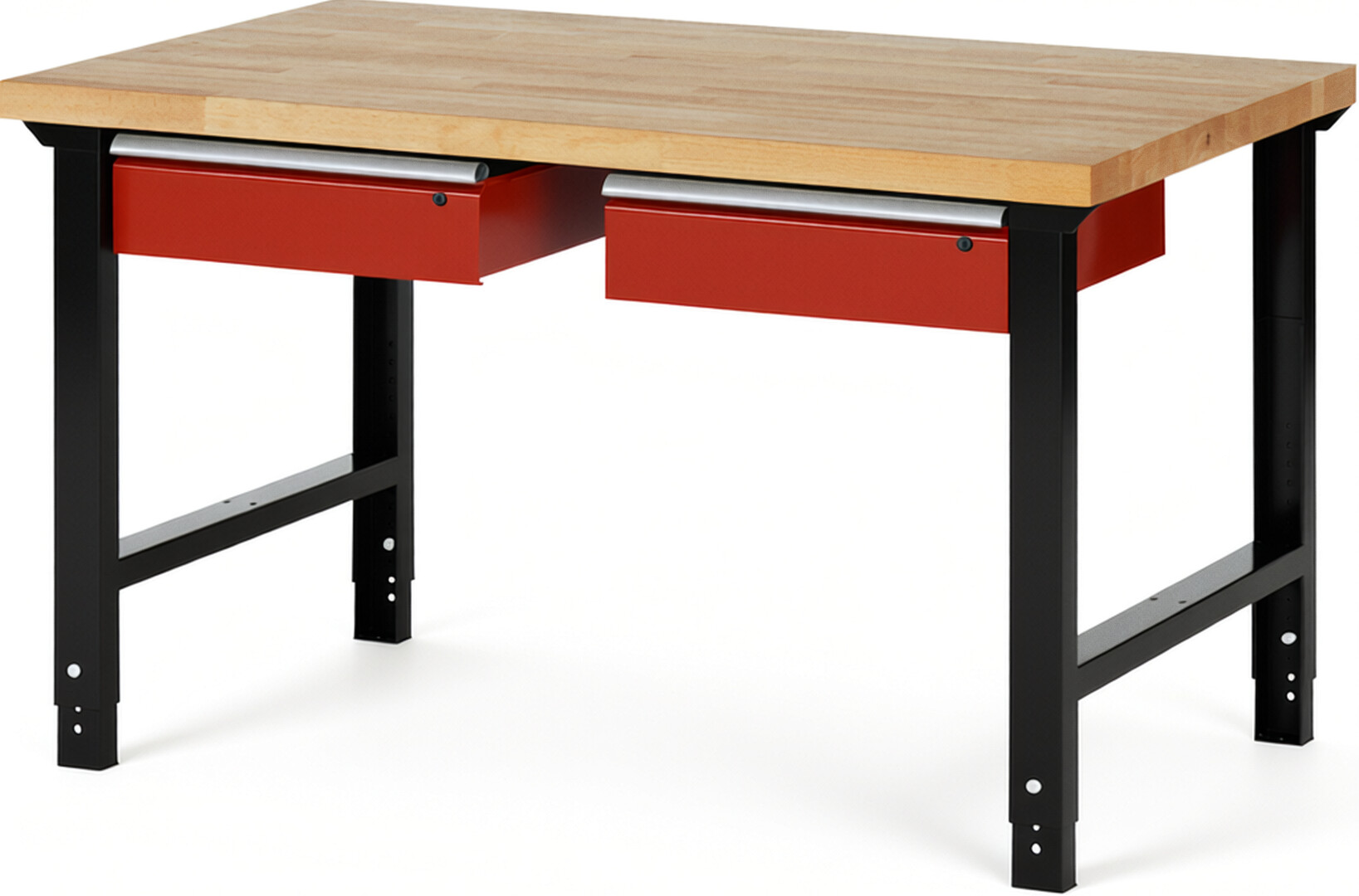 RAU Werkbank schwarz - rot - Breite 150 cm - Tiefe 90 cm - Höhe 114 cm - Buche-Massiv Arbeitsplatte 40 mm