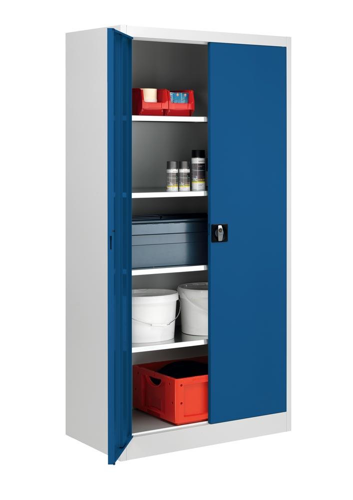 Flügeltürenschrank, 4 verzinkte Fachböden,  Fachböden,BxTxH 950x500x1950 mm, RAL7035/5010