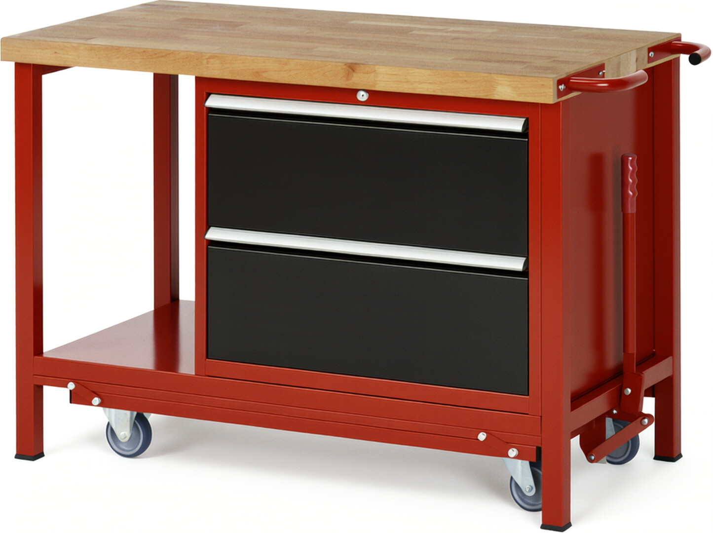 Absenkbare Werkbank Modell 8255 rot - schwarz, BxTxH 1250x700x880 mm,  Buche-Massiv Arbeitsplatte 40 mm,  2 Schubladen mit  Vollauszug 100 % und  SoftClosing