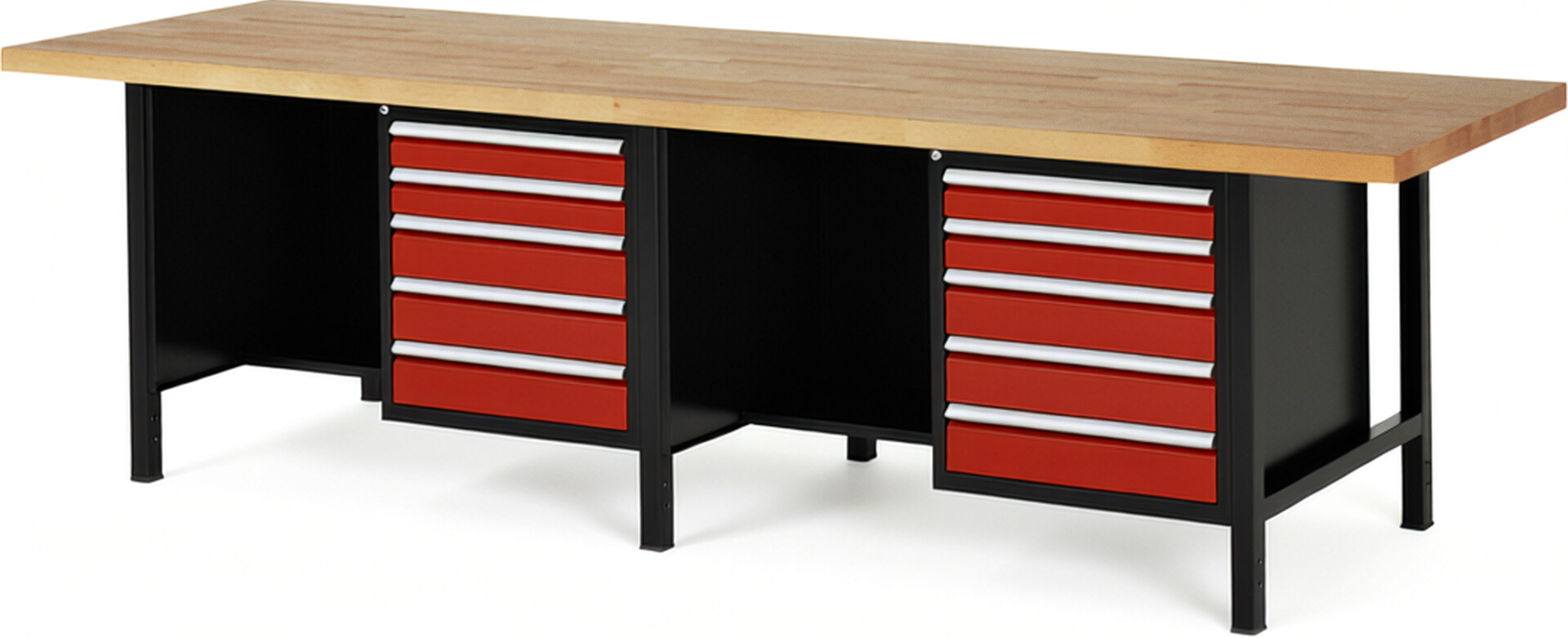 RAU Werkbank schwarz - rot - Breite 300 cm - Tiefe 90 cm - Höhe 104 cm - Buche-Massiv Arbeitsplatte 40 mm