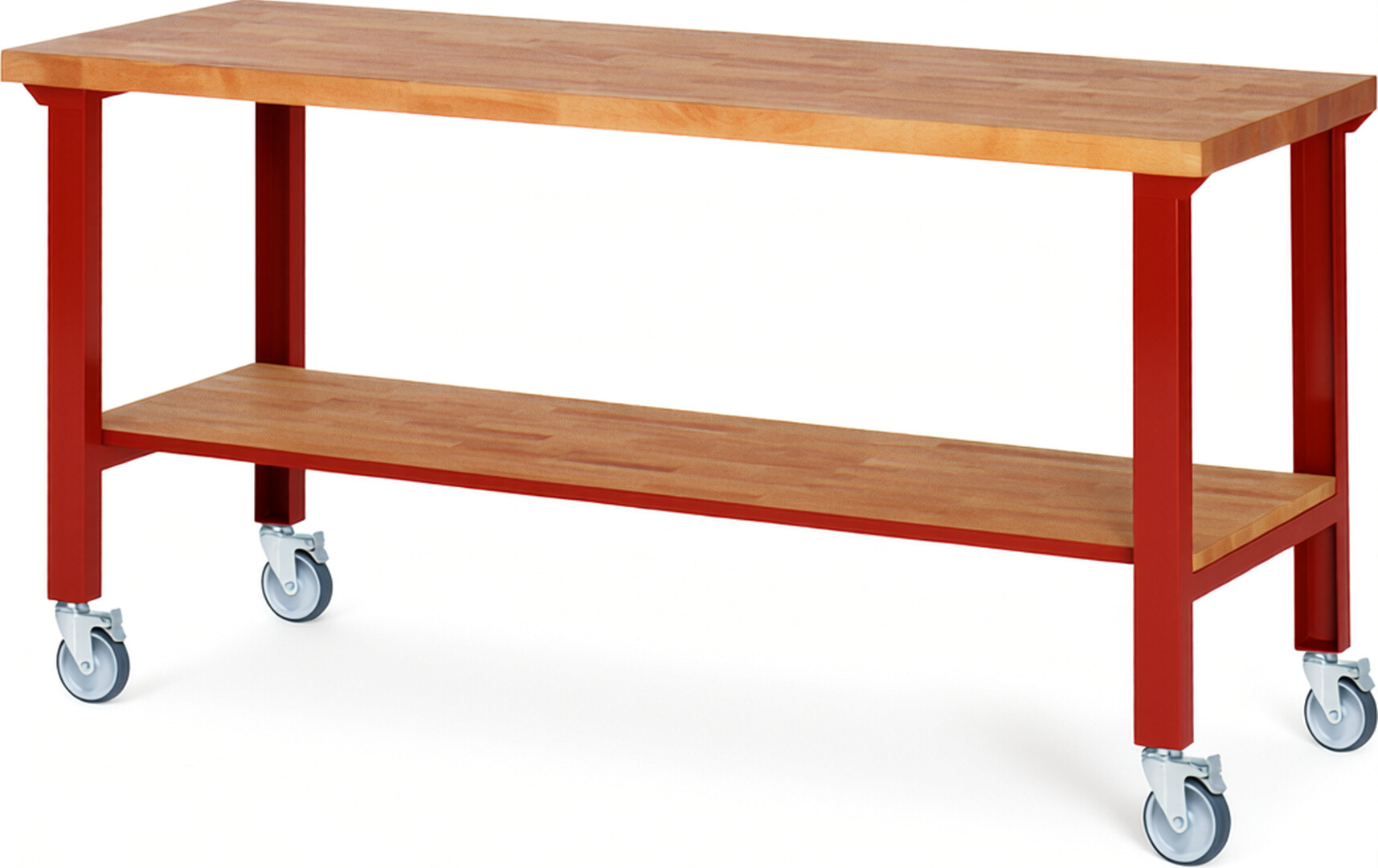 Fahrbare Werkbank Modell 7000 rot, BxTxH 2000x700x1000 mm,  Buche-Massiv Arbeitsplatte 40 mm