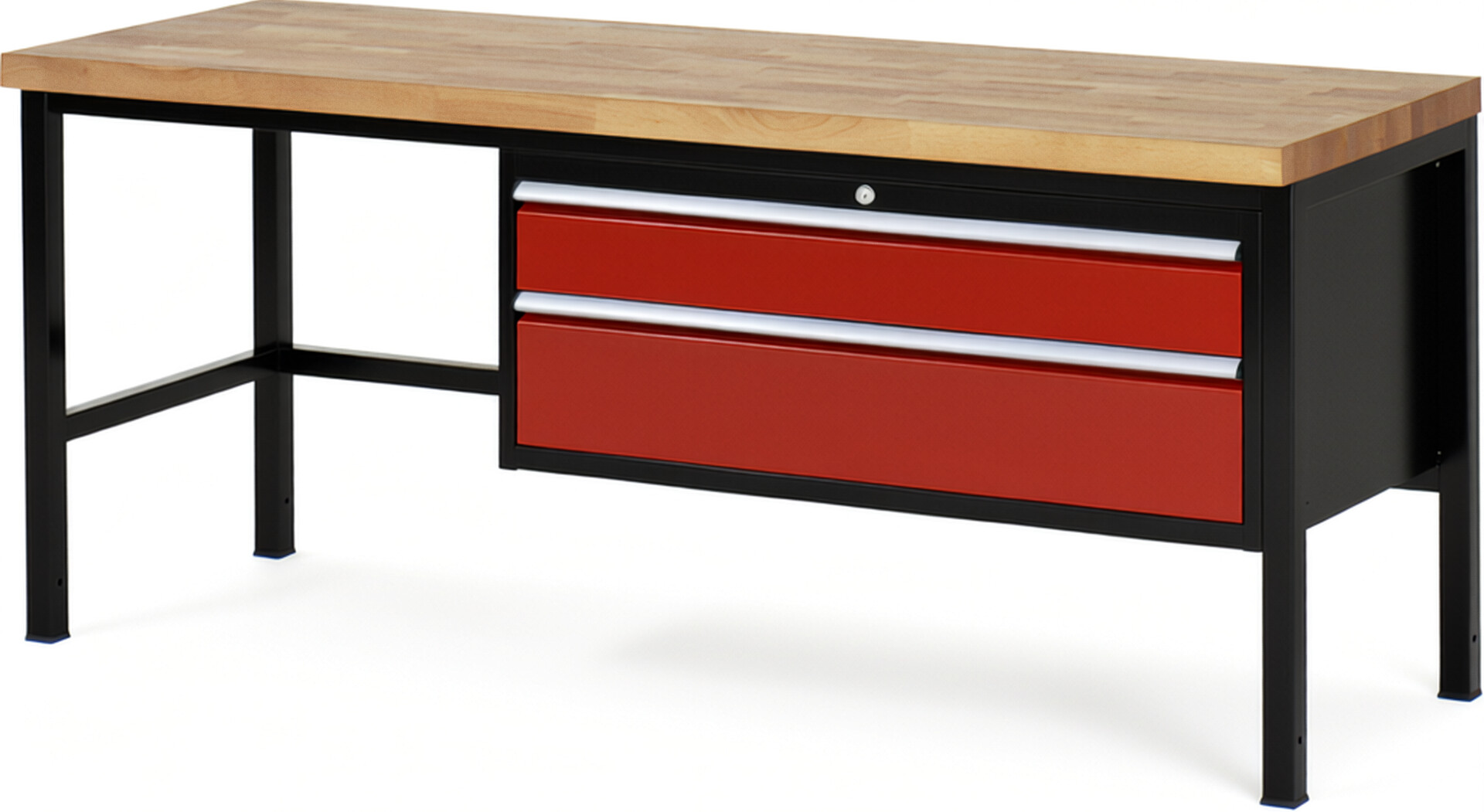 RAU Werkbank schwarz - rot - Breite 200 cm - Tiefe 70 cm - Höhe 104 cm - Buche-Massiv Arbeitsplatte 40 mm