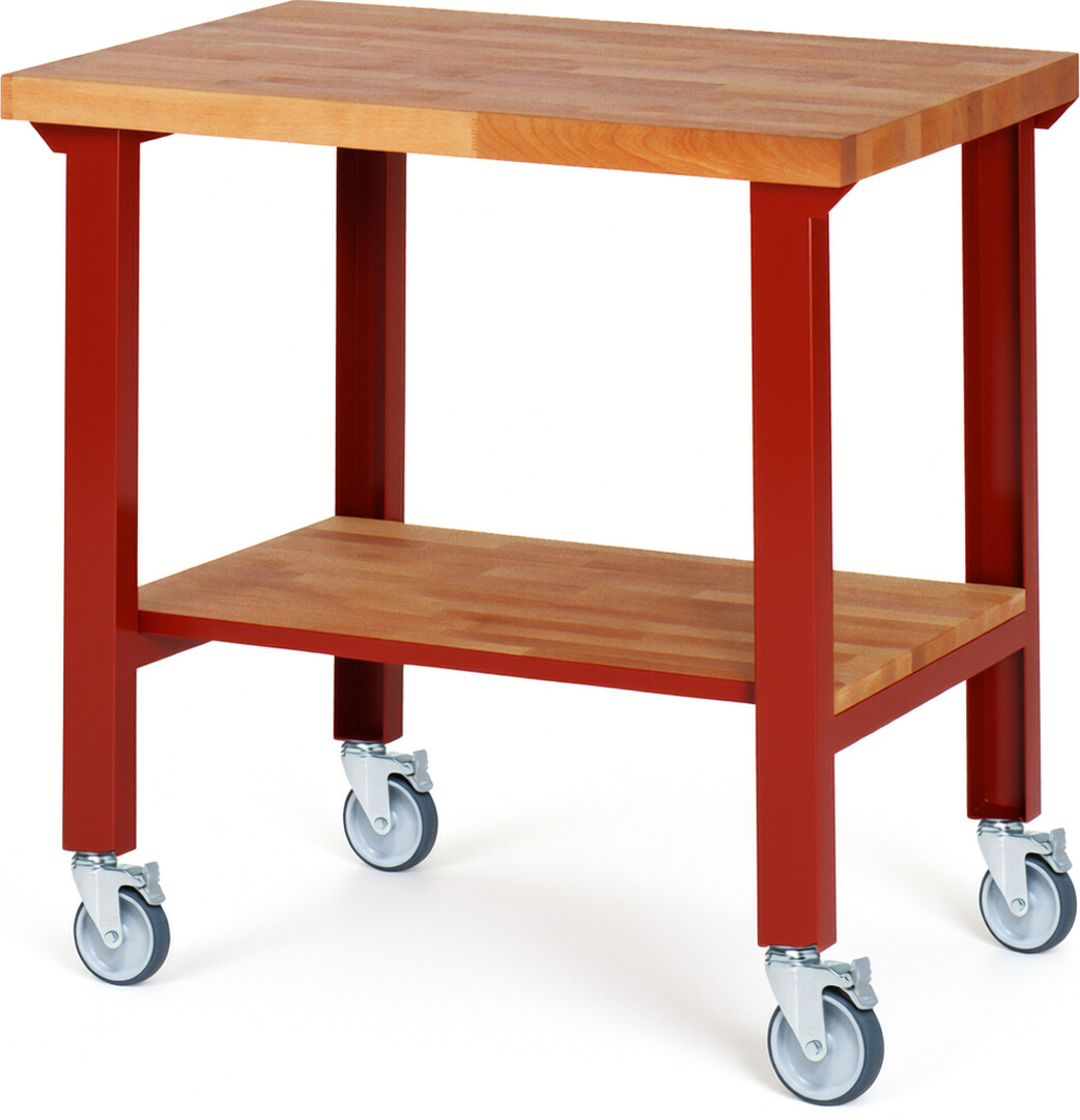 Fahrbare Werkbank Modell 7000 rot, BxTxH 1000x700x1000 mm,  Buche-Massiv Arbeitsplatte 40 mm