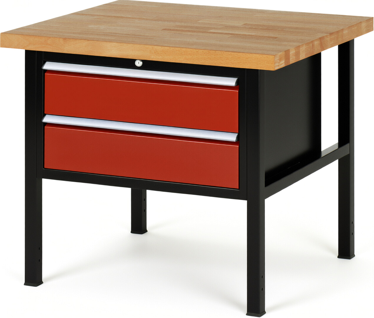 Werkbank Modell 8225 schwarz-rot, BxTxH 1000x900x840-1040 mm,  Buche-Massiv Arbeitsplatte 40 mm,  2 Schubladen mit  Vollauszug 100 % und  SoftClosing
