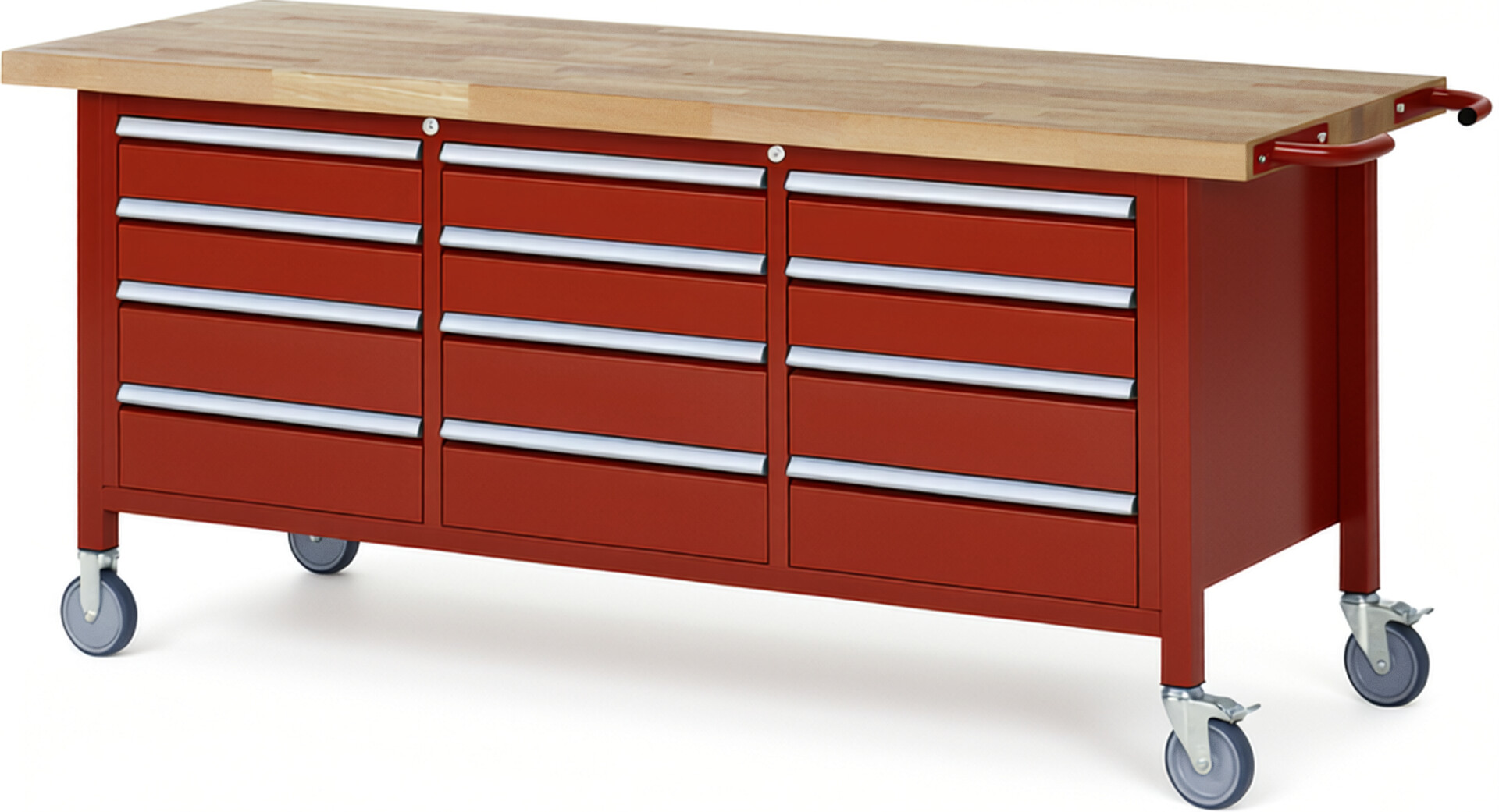 Fahrbare Werkbank Modell 8579 rot, BxTxH 2000x700x880-1080 mm,  Buche-Massiv Arbeitsplatte 40 mm,  12 Schubladen mit  Auszug 90 %