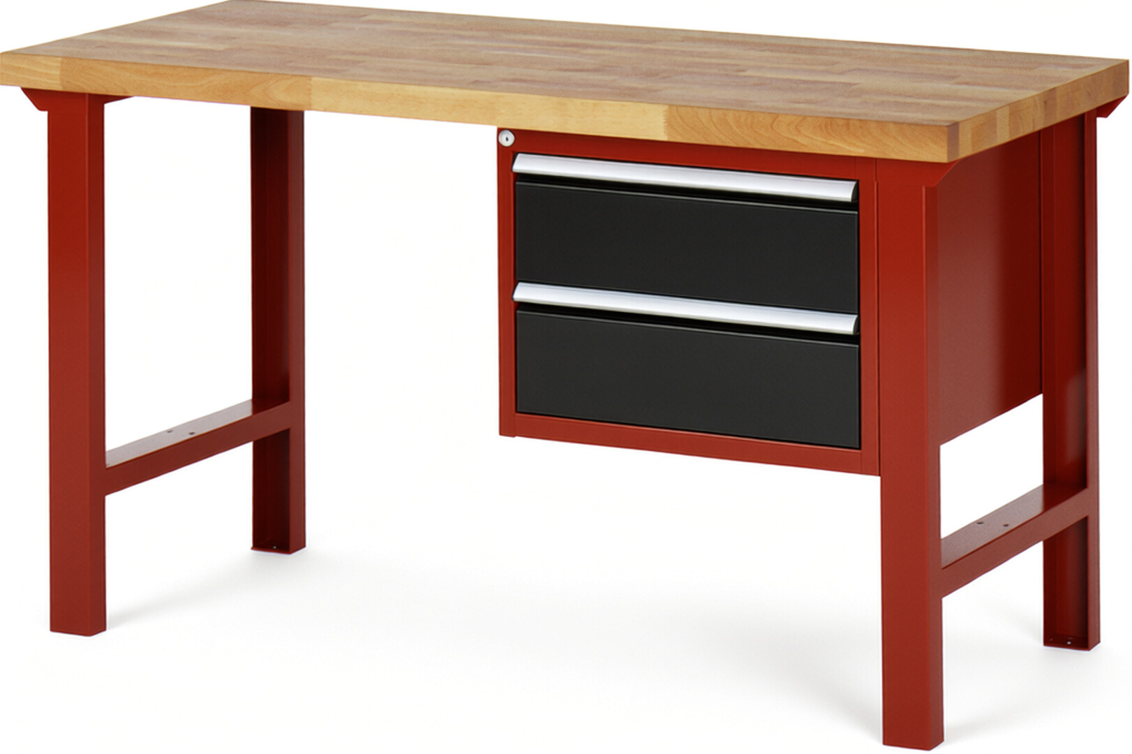 Werkbank Modell 7125 rot - schwarz, BxTxH 1500x700x840 mm,  Buche-Massiv Arbeitsplatte 40 mm,  2 Schubladen mit  Auszug 90 %