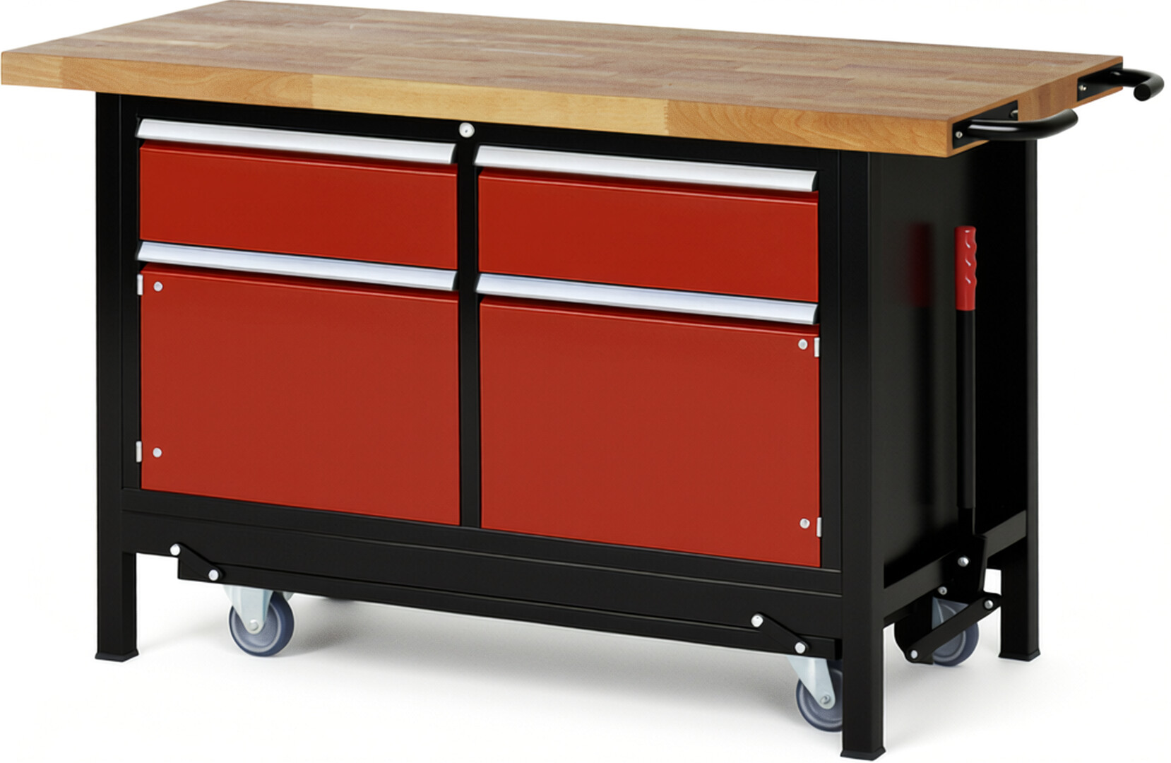 RAU Werkbank schwarz - rot - Breite 150 cm - Tiefe 70 cm - Höhe 88 cm - Buche-Massiv Arbeitsplatte 40 mm