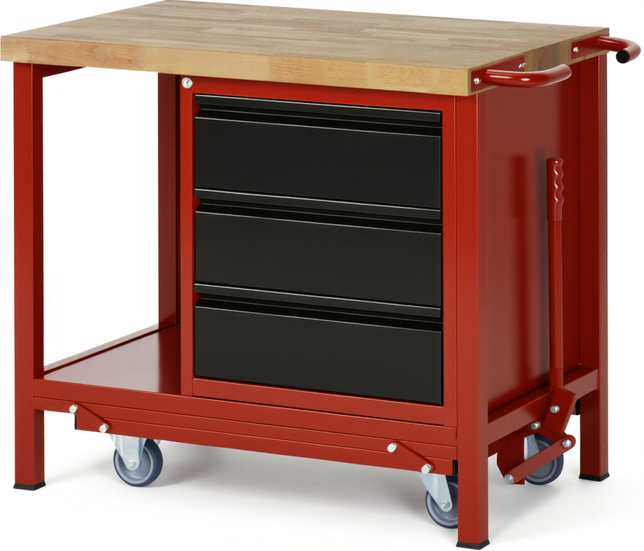 Absenkbare Werkbank - Modell 8157 BASIC rot - schwarz, BxTxH 1000x700x880 mm,  Buche-Massiv Arbeitsplatte 40 mm,  3 Schubladen mit  Auszug 90 %