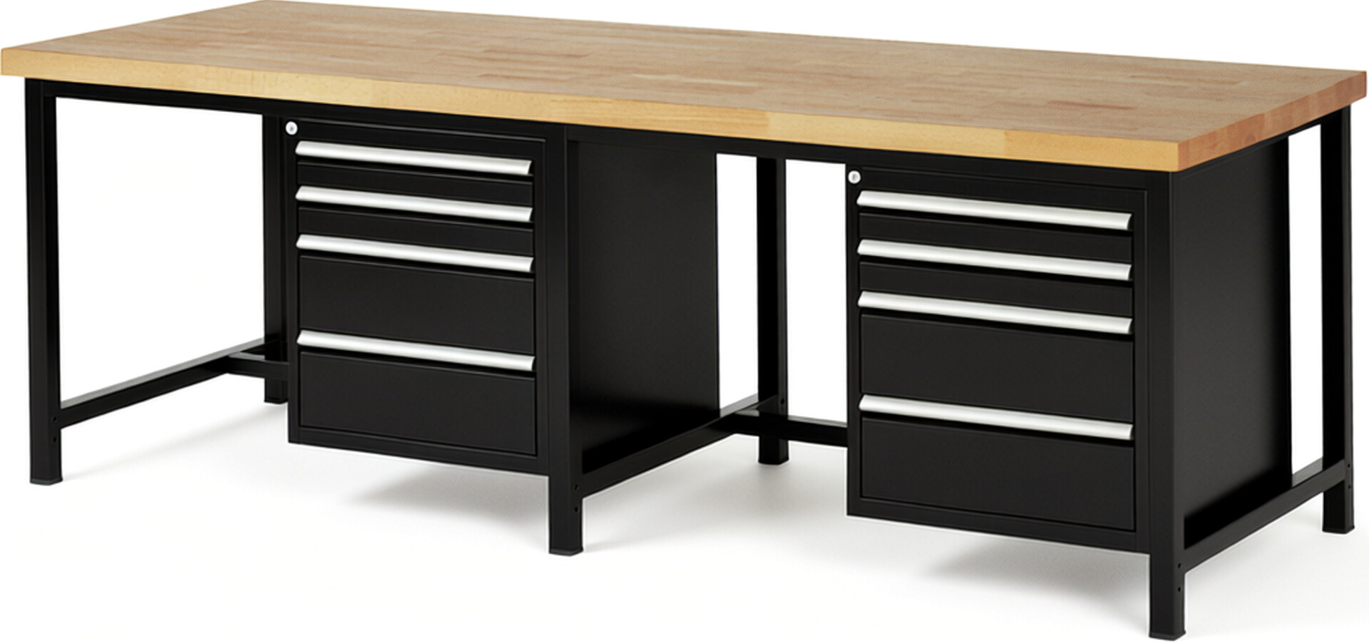 Werkbank Modell 8161 schwarz, BxTxH 2500x900x840 mm,  Buche-Massiv Arbeitsplatte 40 mm,  8 Schubladen mit  Auszug 90 %