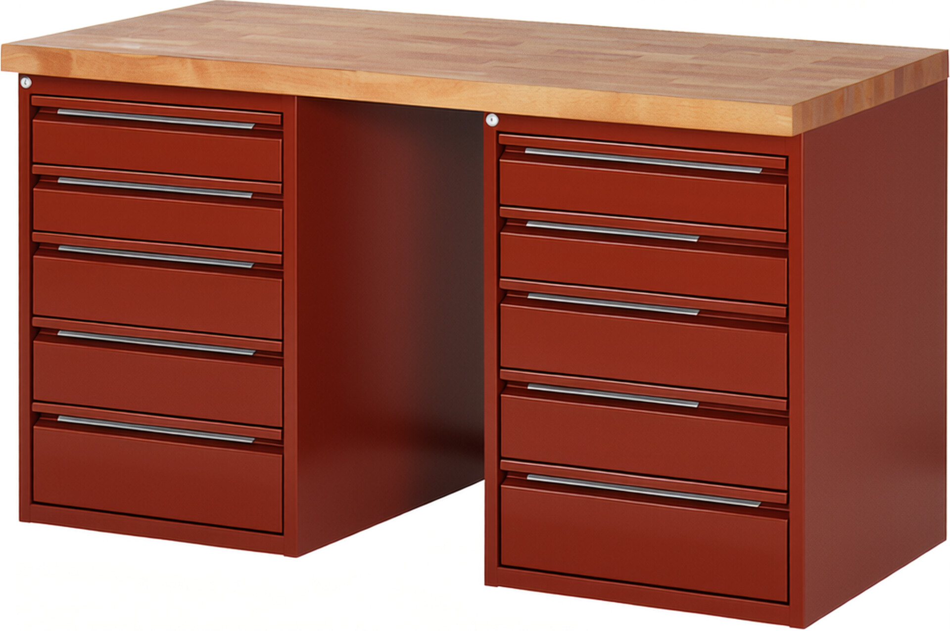 Werkbank - Modell 7513 BASIC rot, BxTxH 1500x700x890 mm,  Buche-Massiv Arbeitsplatte 40 mm,  10 Schubladen mit  Auszug 90 %