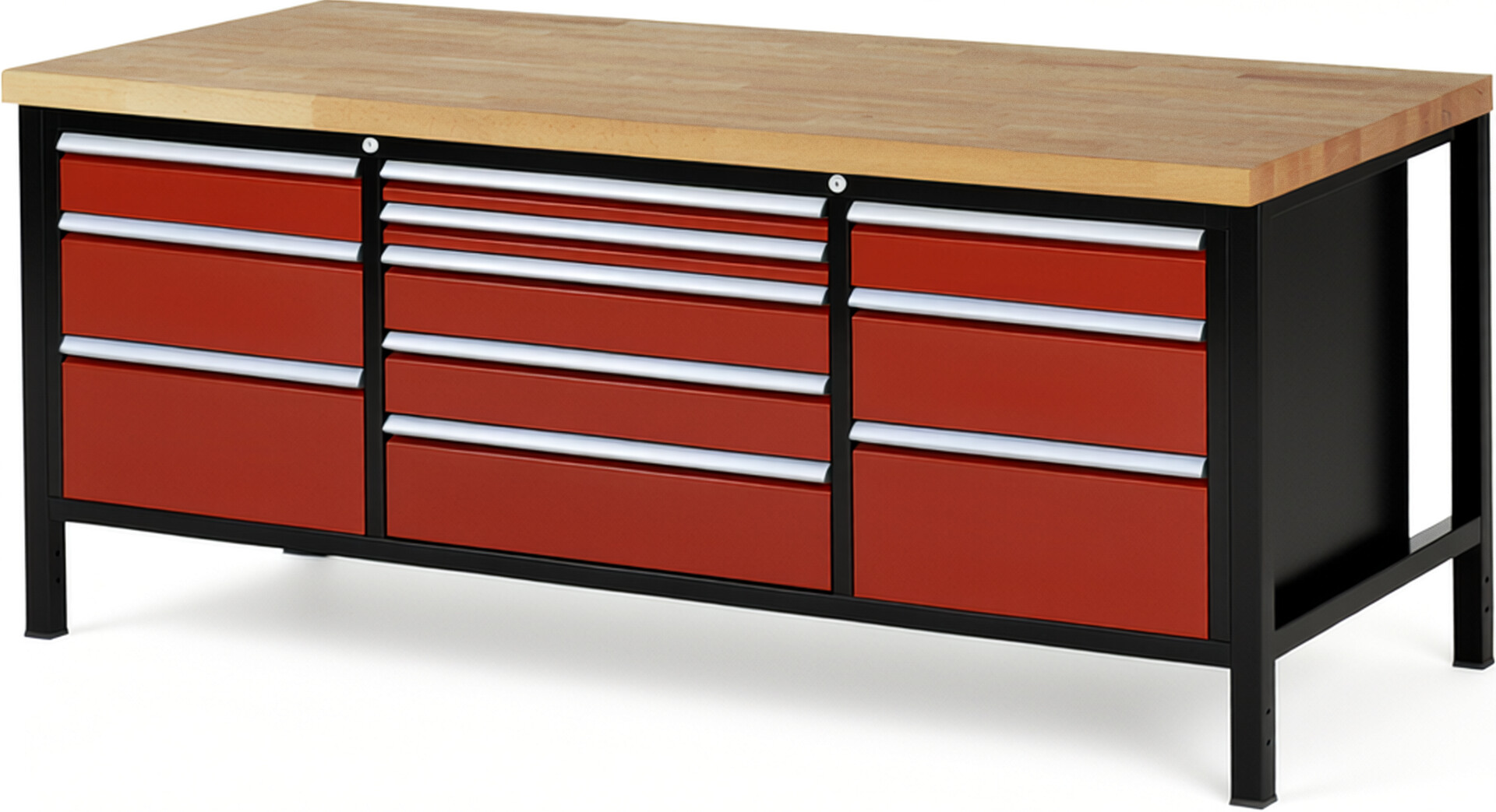 RAU Werkbank schwarz - rot - Breite 200 cm - Tiefe 90 cm - Höhe 104 cm - Buche-Massiv Arbeitsplatte 40 mm