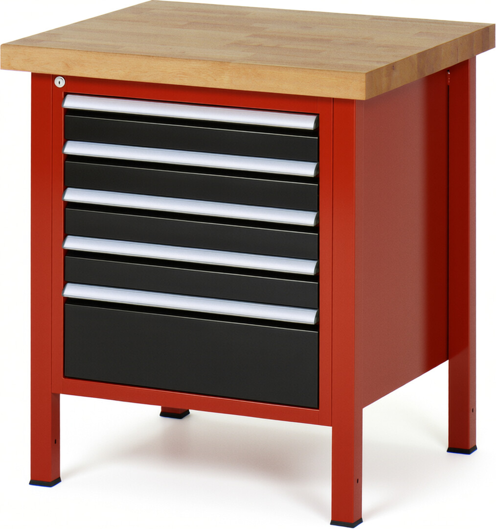 Werkbank Modell 8168 rot - schwarz, BxTxH 750x700x840-1040 mm,  Buche-Massiv Arbeitsplatte 40 mm,  5 Schubladen mit  Vollauszug 100 % und  SoftClosing