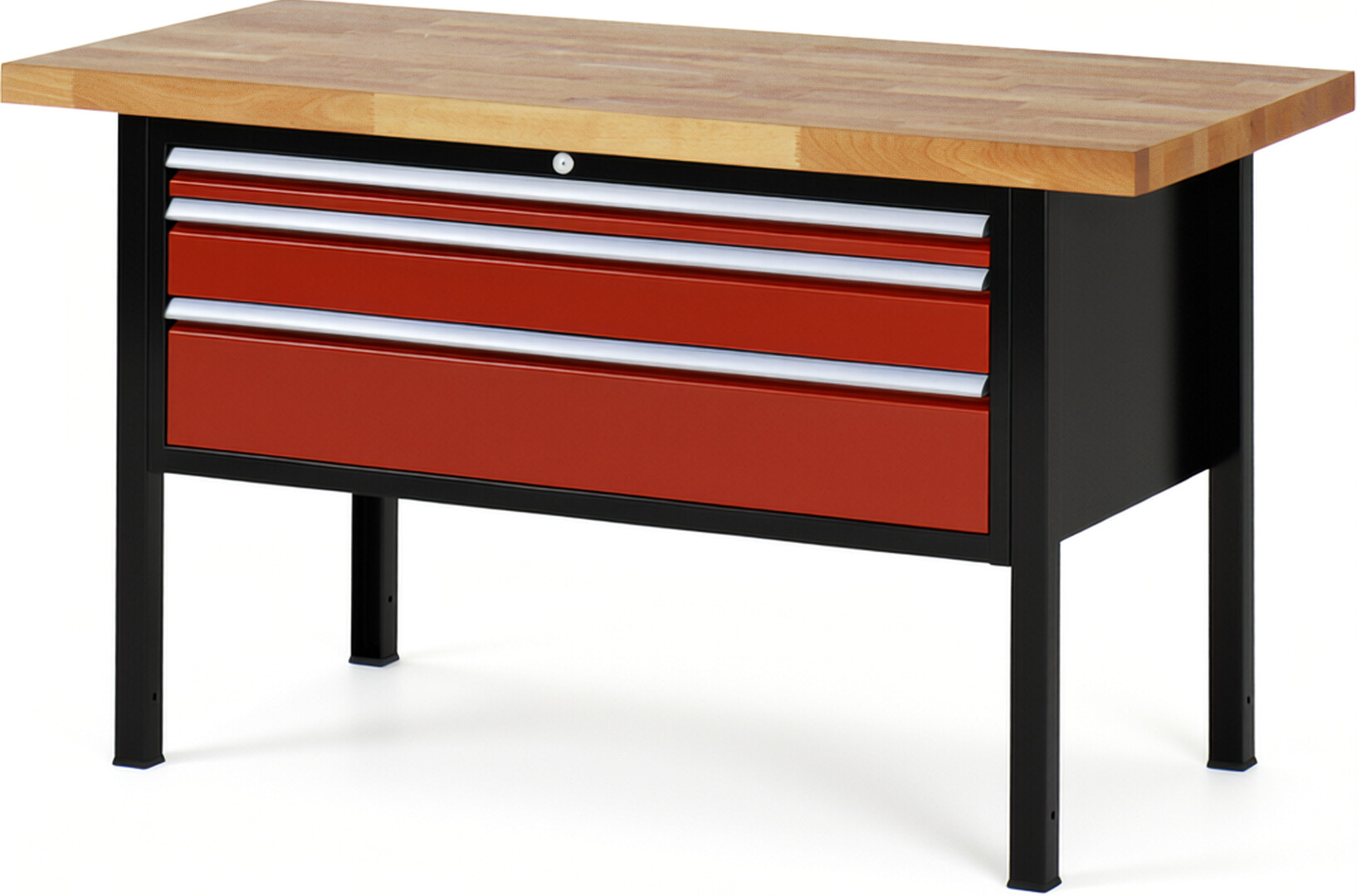 Werkbank Modell 8326 schwarz-rot, BxTxH 1500x700x840 mm,  Buche-Massiv Arbeitsplatte 40 mm,  3 Schubladen mit  Auszug 90 %