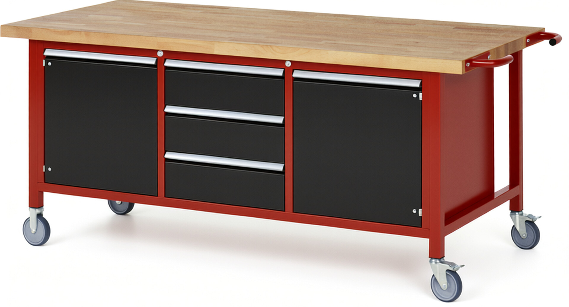 Fahrbare Werkbank Modell 8569 rot - schwarz, BxTxH 2000x900x880 mm,  Buche-Massiv Arbeitsplatte 40 mm,  3 Schubladen mit  Vollauszug 100 % und  SoftClosing