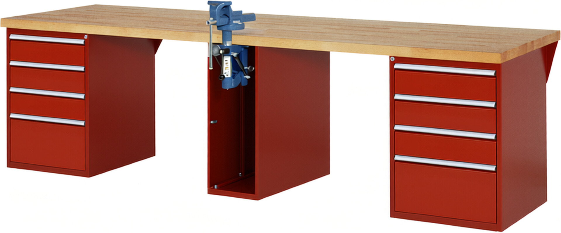 Werkbank Modell 7510 rot, BxTxH 3000x900x890 mm,  Buche-Massiv Arbeitsplatte 40 mm,  8 Schubladen mit  Vollauszug 100 % und  SoftClosing