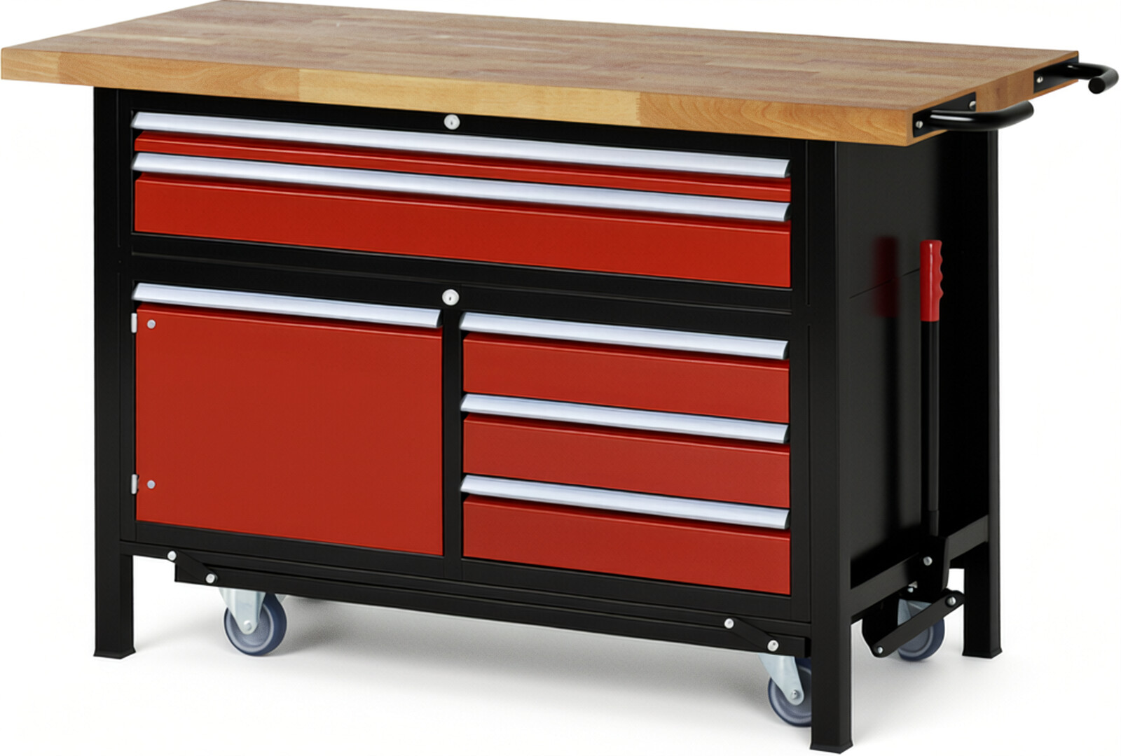 RAU Werkbank schwarz - rot - Breite 150 cm - Tiefe 70 cm - Höhe 92 cm - Buche-Massiv Arbeitsplatte 40 mm