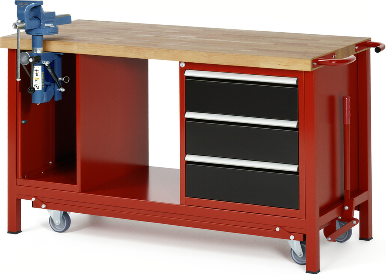 Absenkbare Werkbank Modell 8183 rot - schwarz, BxTxH 1500x700x880 mm,  Buche-Massiv Arbeitsplatte 40 mm,  3 Schubladen mit  Vollauszug 100 % und  SoftClosing
