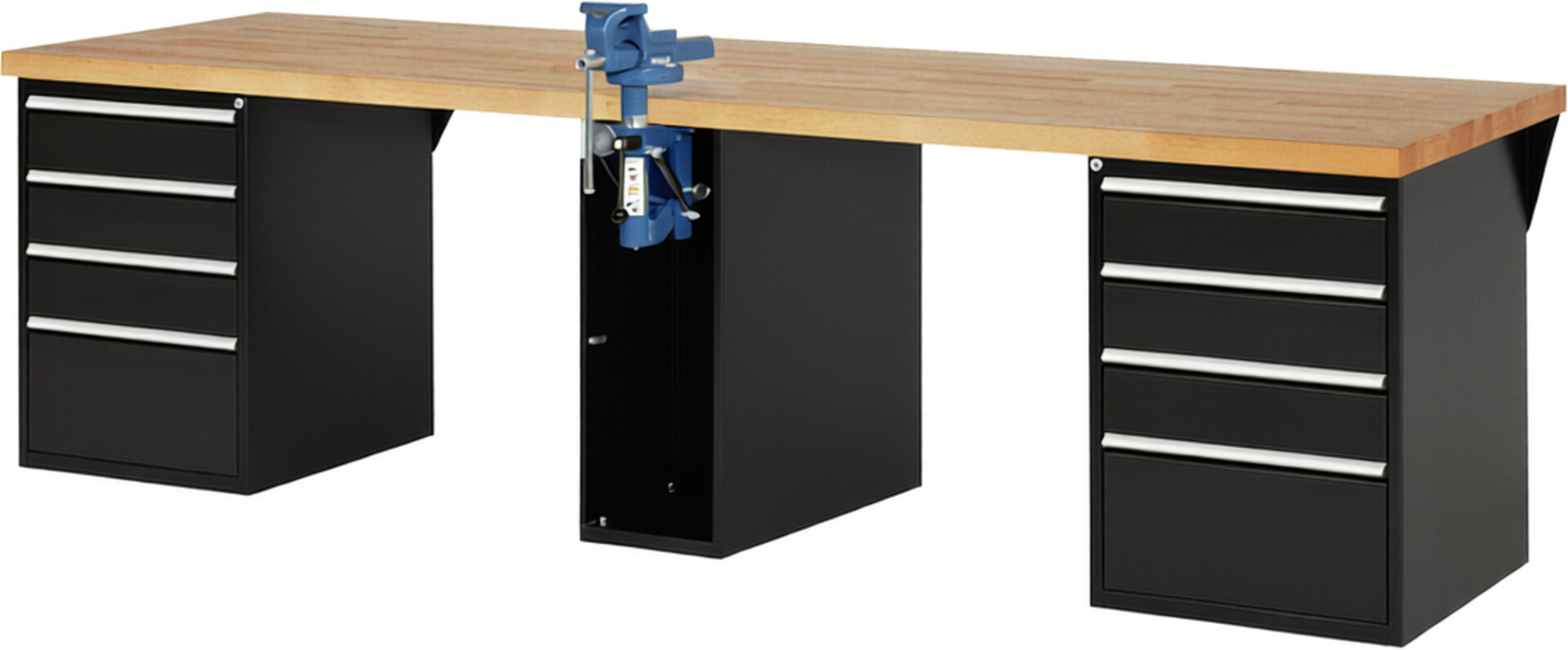 RAU Werkbank schwarz - Breite 300 cm - Tiefe 90 cm - Höhe 89 cm - Buche-Massiv Arbeitsplatte 40 mm