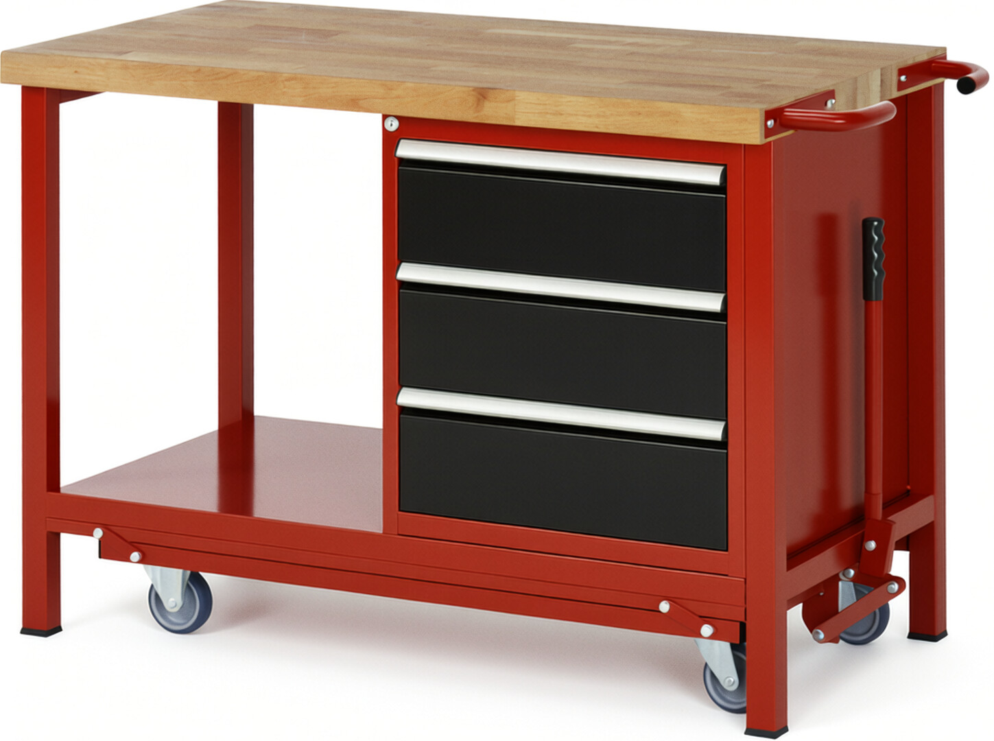 Absenkbare Werkbank Modell 8157 rot - schwarz, BxTxH 1250x700x880 mm,  Buche-Massiv Arbeitsplatte 40 mm,  3 Schubladen mit  Vollauszug 100 % und  SoftClosing