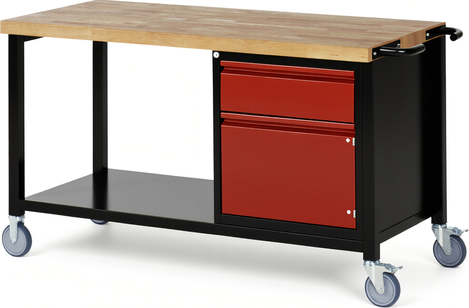 RAU Werkbank schwarz - rot - Breite 150 cm - Tiefe 70 cm - Höhe 88 cm - Buche-Massiv Arbeitsplatte 40 mm