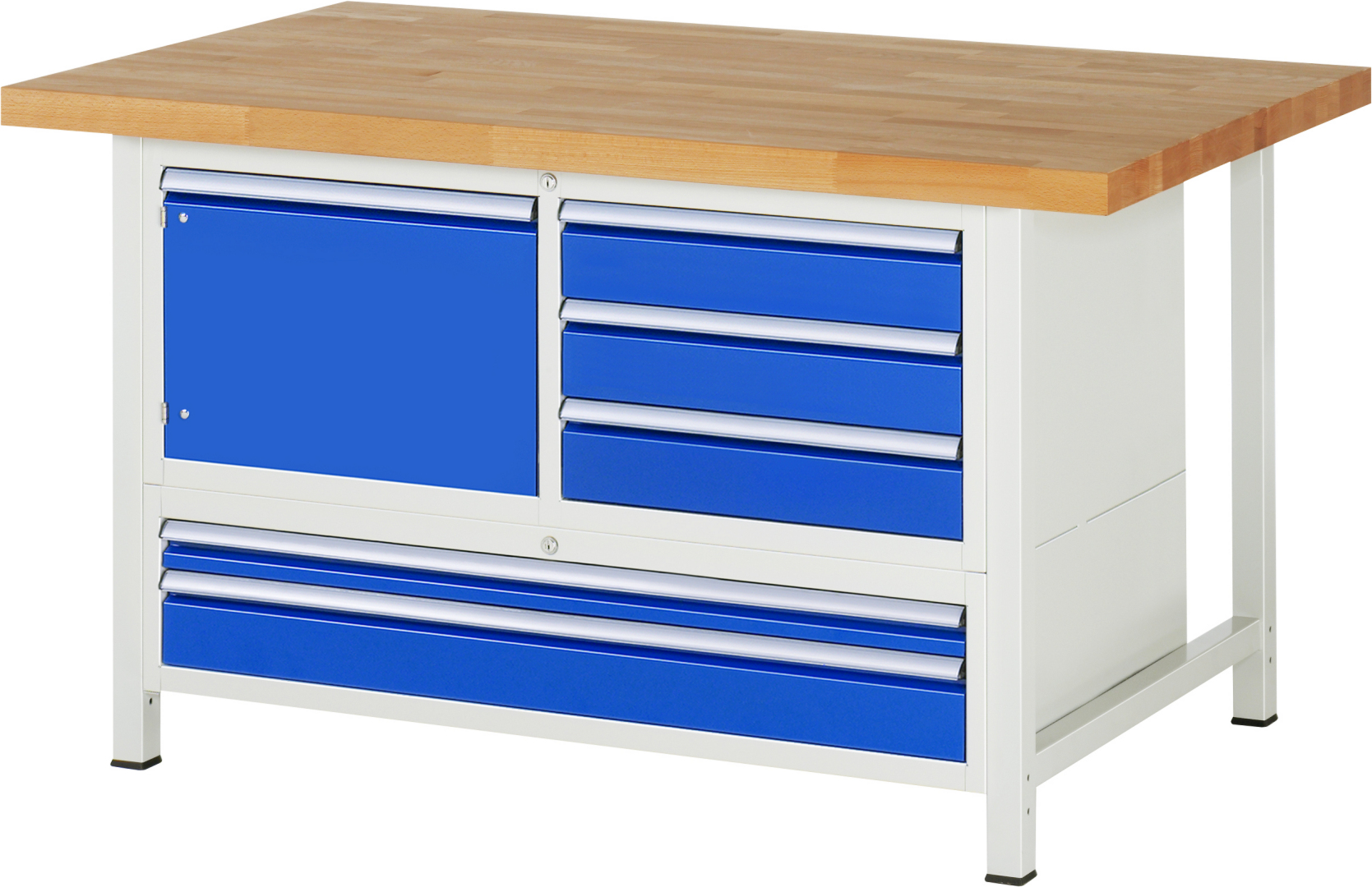 Werkbank Modell 8932,  BxTxH 1500x900x840-1040 mm,  Buche-Massiv Arbeitsplatte 40 mm,  5 Schubladen mit  Vollauszug 100 % und  SoftClosing