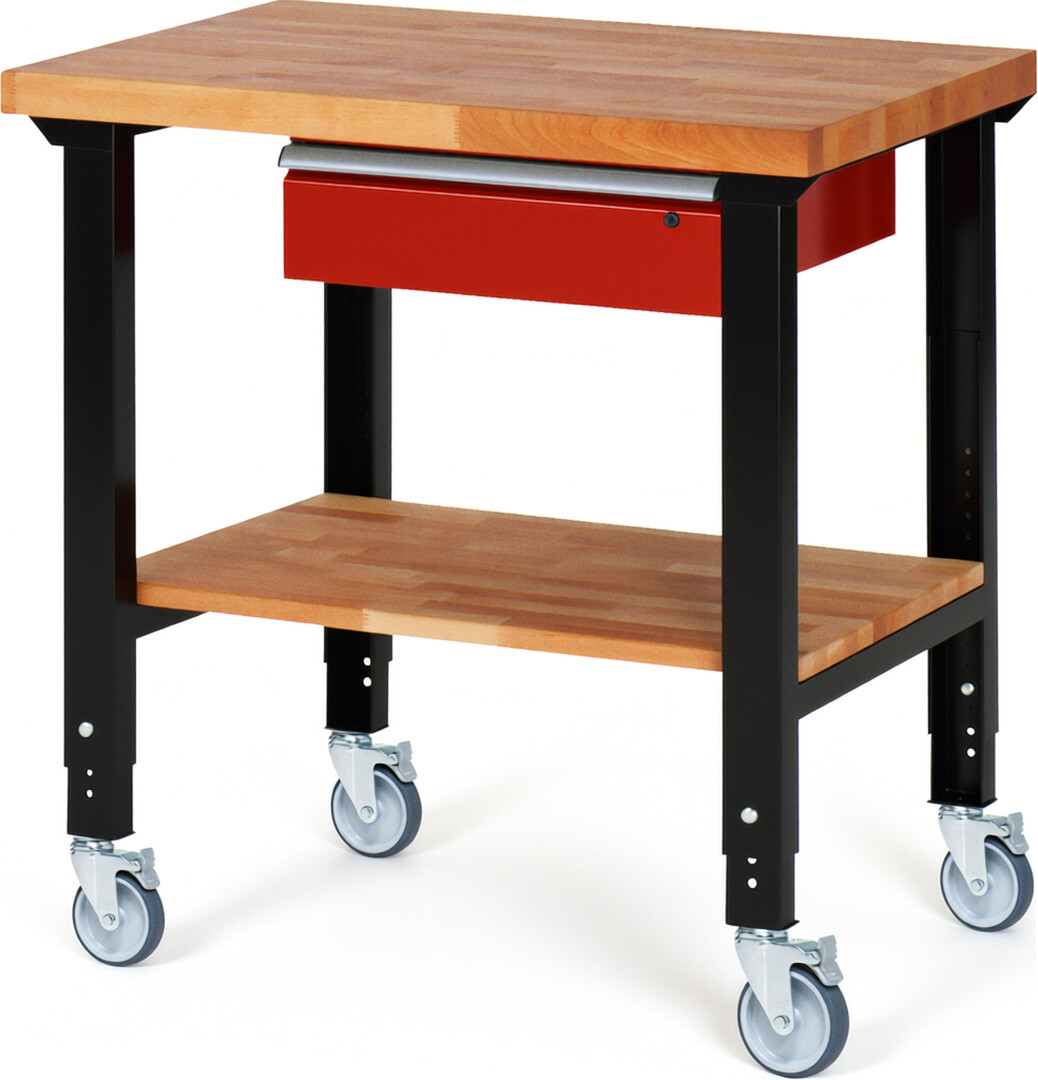 Fahrbare Werkbank Modell 7001 schwarz-rot, BxTxH 1000x700x950-1000 mm,  Buche-Massiv Arbeitsplatte 40 mm,  1 Schublade mit  Auszug 90 %