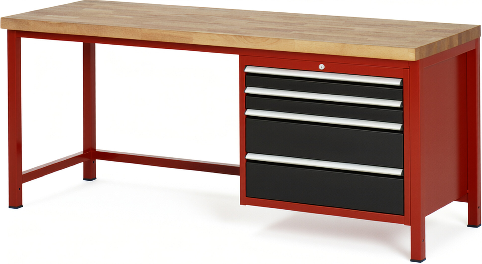 Werkbank Modell 8261 rot - schwarz, BxTxH 2000x700x840-1040 mm,  Buche-Massiv Arbeitsplatte 40 mm,  4 Schubladen mit  Auszug 90 %