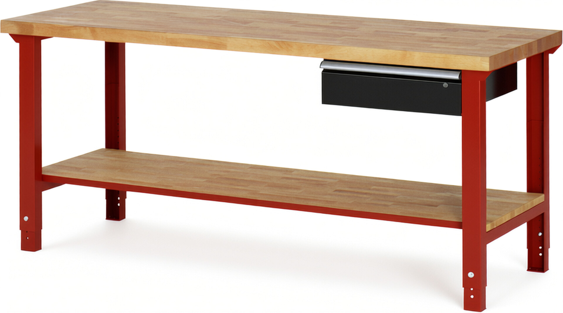 Werkbank Modell 7001 rot - schwarz, BxTxH 2000x700x790-1140 mm,  Buche-Massiv Arbeitsplatte 40 mm,  1 Schublade mit  Auszug 90 %