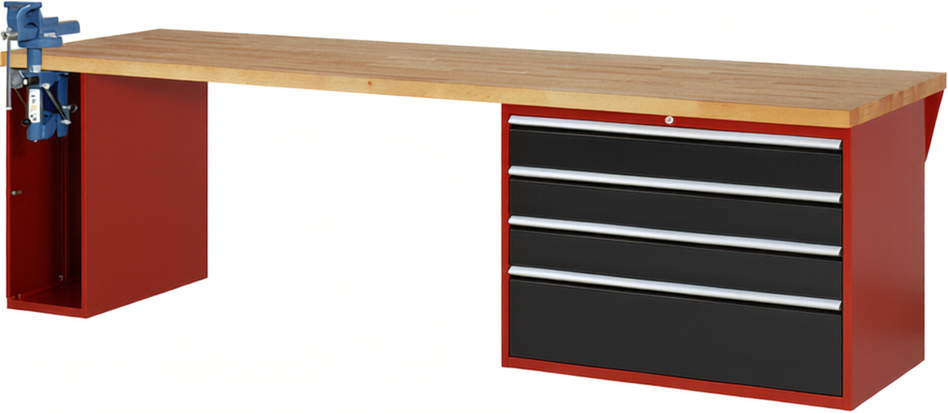 RAU Werkbank rot - schwarz - Breite 300 cm - Tiefe 90 cm - Höhe 89 cm - Buche-Massiv Arbeitsplatte 40 mm