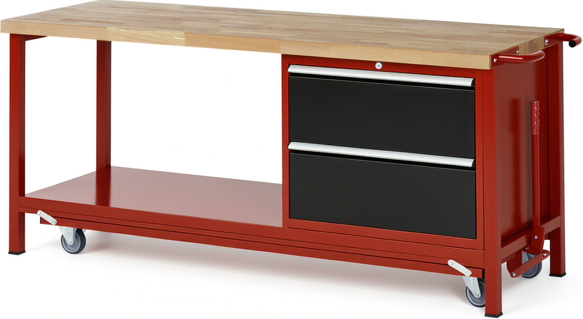 Absenkbare Werkbank Modell 8255 rot - schwarz, BxTxH 2000x700x880 mm,  Buche-Massiv Arbeitsplatte 40 mm,  2 Schubladen mit  Vollauszug 100 % und  SoftClosing