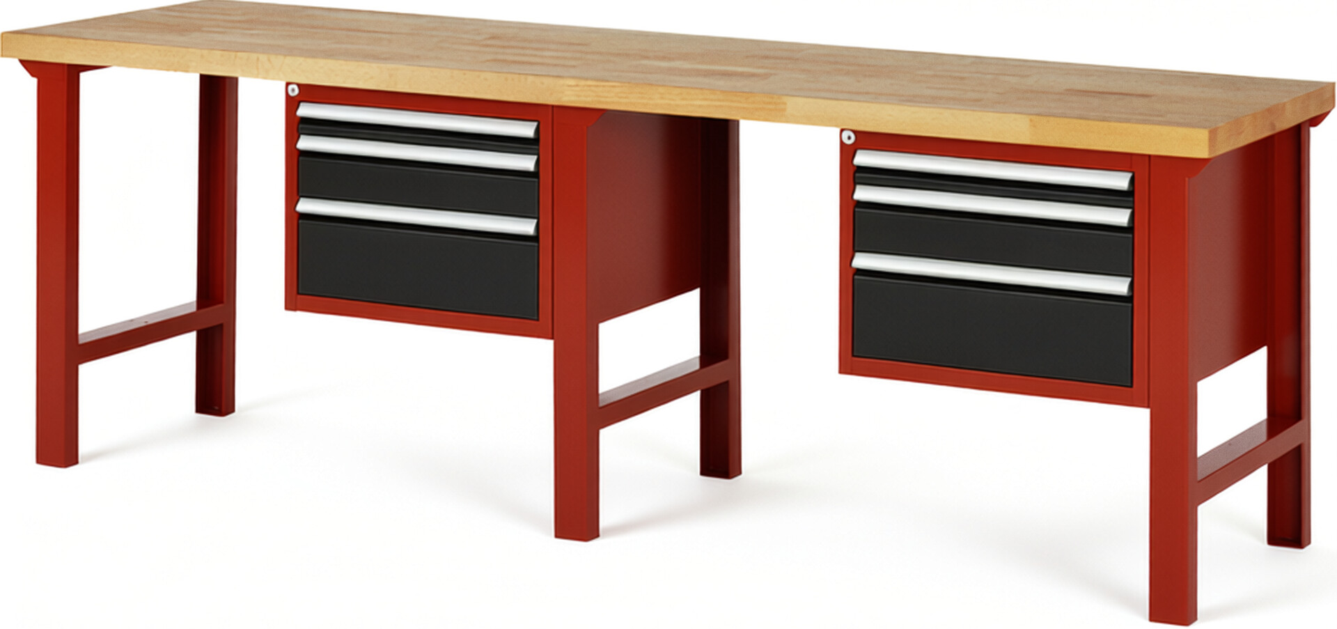 Werkbank Modell 7126 rot - schwarz, BxTxH 2500x700x840 mm,  Buche-Massiv Arbeitsplatte 40 mm,  6 Schubladen mit  Vollauszug 100 % und  SoftClosing