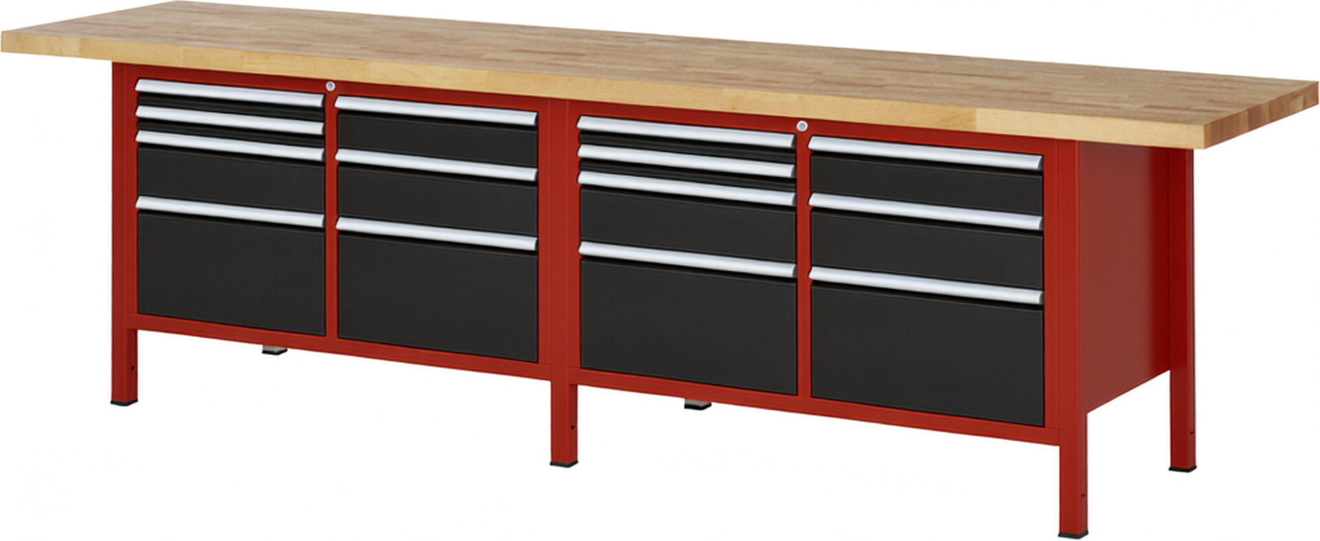 Werkbank Modell 8476 rot - schwarz, BxTxH 3000x700x840-1040 mm,  Buche-Massiv Arbeitsplatte 40 mm,  14 Schubladen mit  Vollauszug 100 % und  SoftClosing