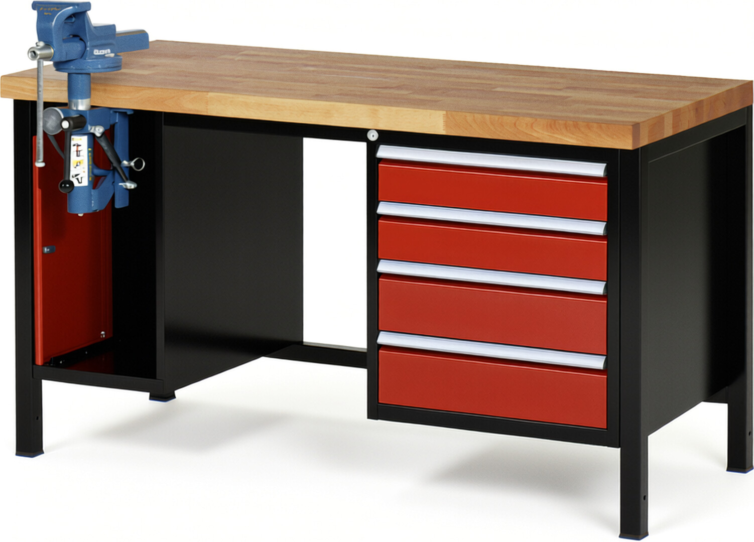 Werkbank Modell 8185 schwarz-rot, BxTxH 1500x700x840 mm,  Buche-Massiv Arbeitsplatte 40 mm,  4 Schubladen mit  Vollauszug 100 % und  SoftClosing