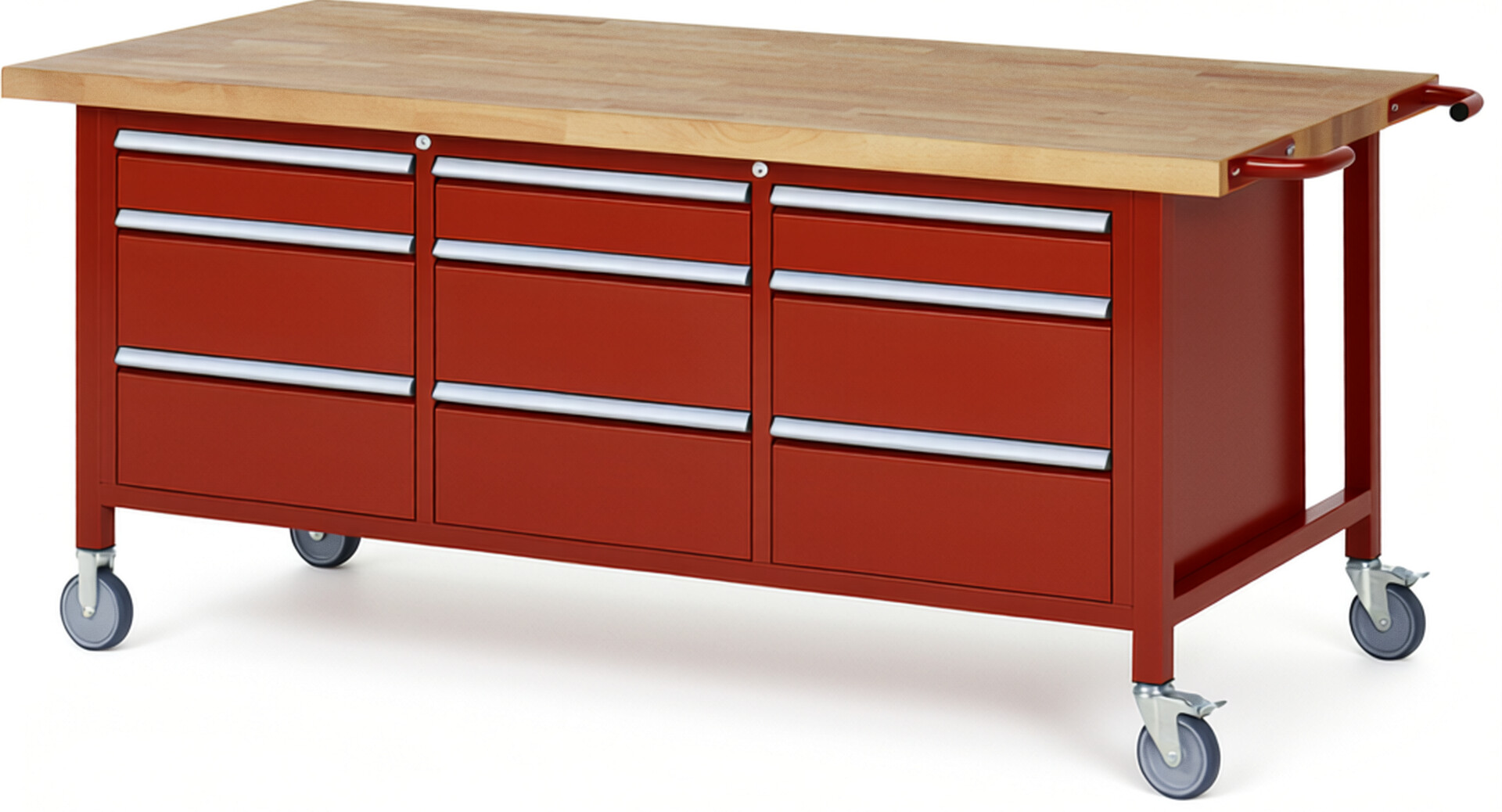 Fahrbare Werkbank Modell 8573 rot, BxTxH 2000x900x880-1080 mm,  Buche-Massiv Arbeitsplatte 40 mm,  9 Schubladen mit  Auszug 90 %