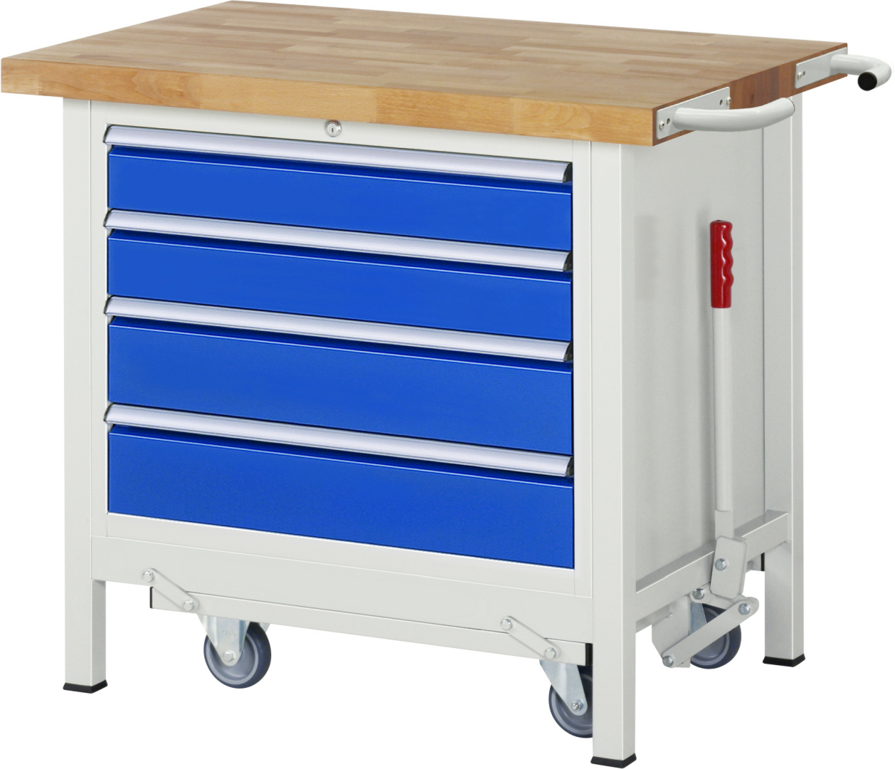 Absenkbare Werkbank Modell 8262 rot - schwarz, BxTxH 1000x700x880 mm,  Buche-Massiv Arbeitsplatte 40 mm,  4 Schubladen mit  Auszug 90 %