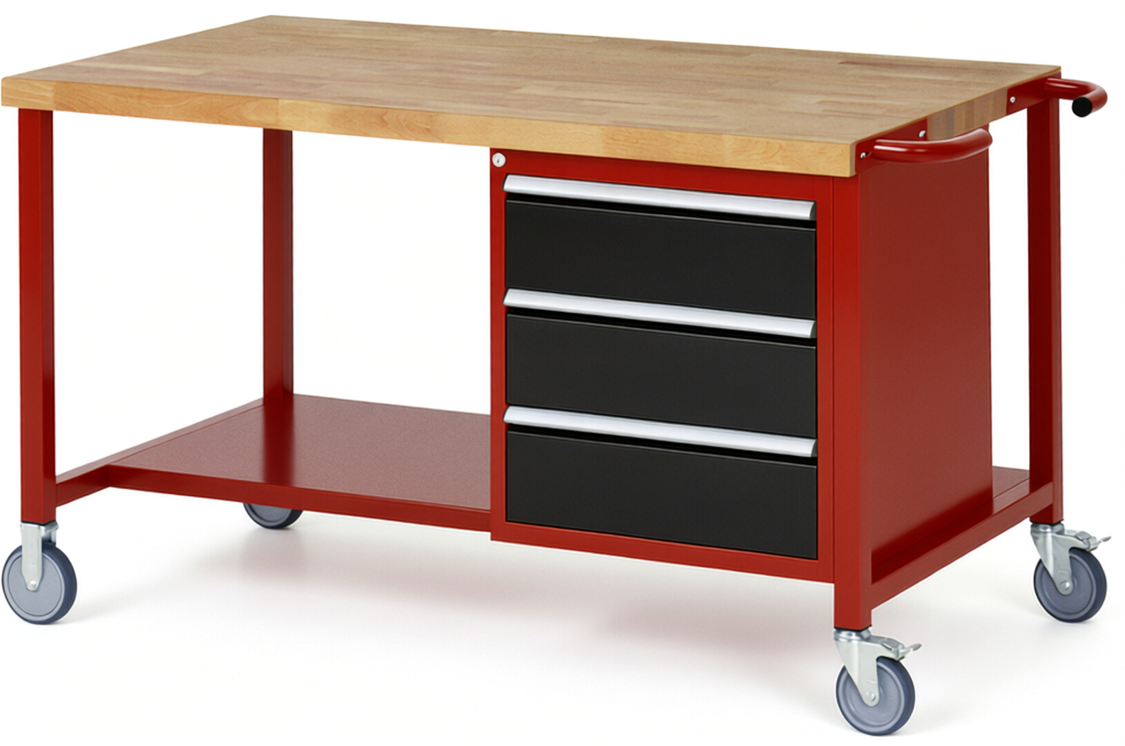 RAU Werkbank rot - schwarz - Breite 150 cm - Tiefe 90 cm - Höhe 108 cm - Buche-Massiv Arbeitsplatte 40 mm